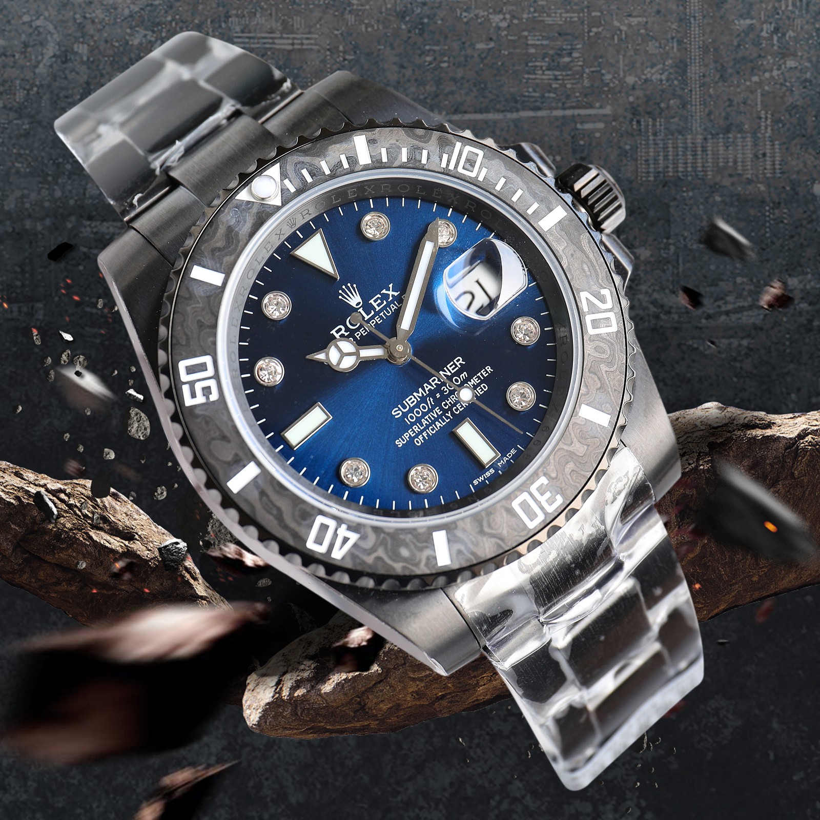 ROLEX Rolex Customized Submariner-Diamond Dial-Carbon Fiber Bezel-Black Blue(1:1 replica) - Elite Watch Atelier