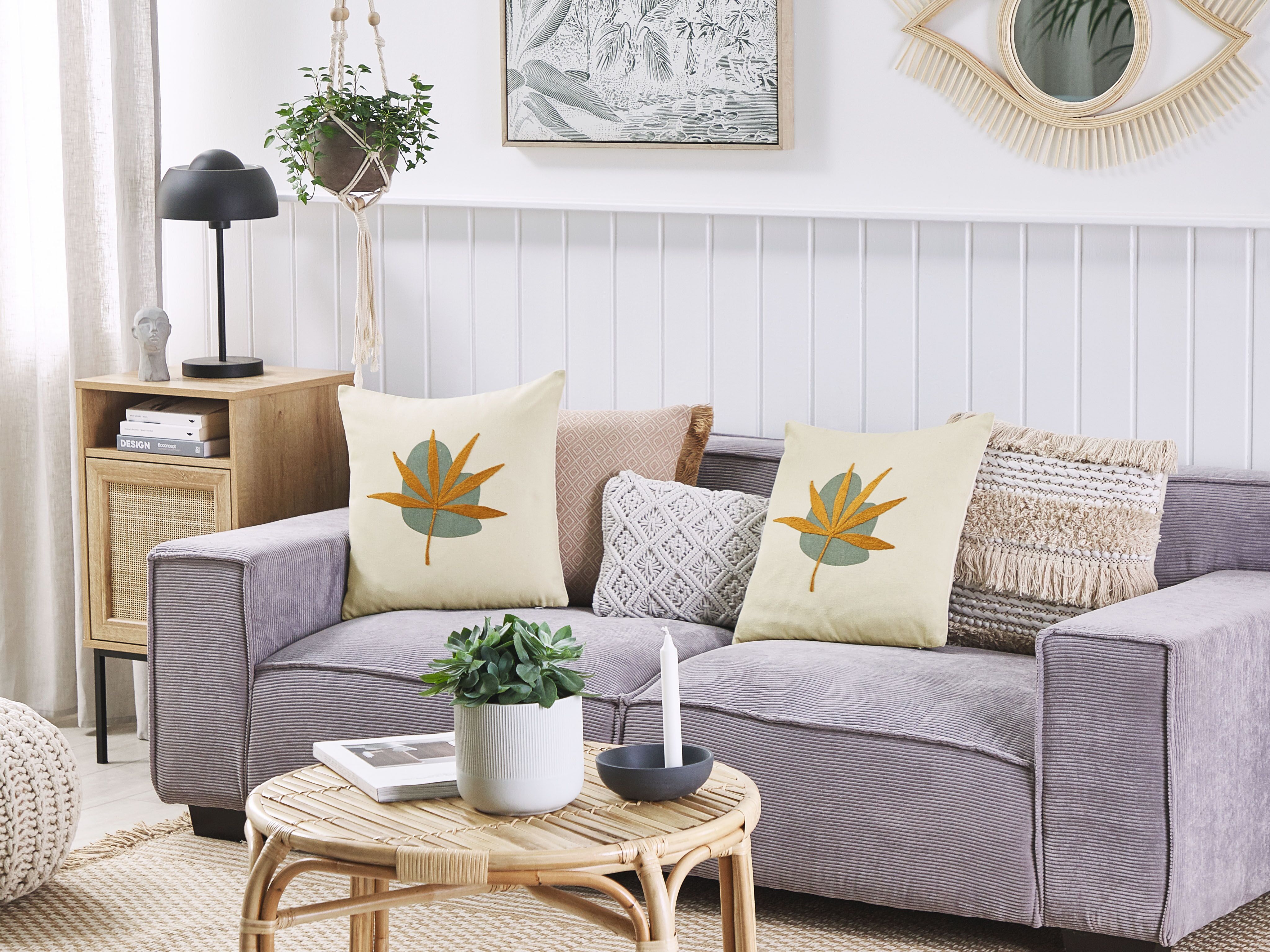 Set of 2 Decorative Cushions DAVALLIA 45 x 45 cm Beige Plant Pattern