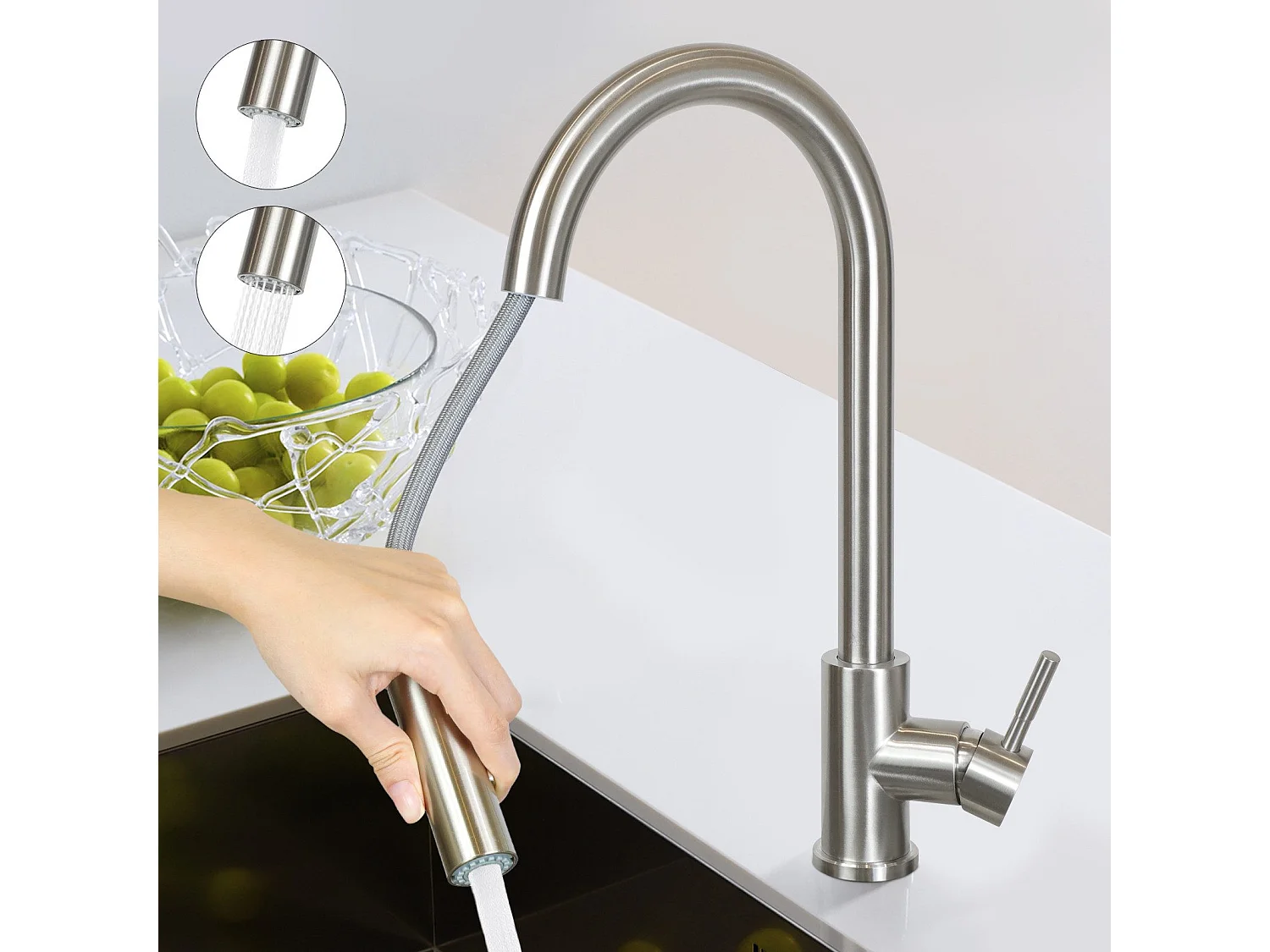 NETTLIFE Robinet de cuisine avec pomme de douche extensible, à haute pression, en acier inoxydable à jet double et pivotant à 360 °, Nickel