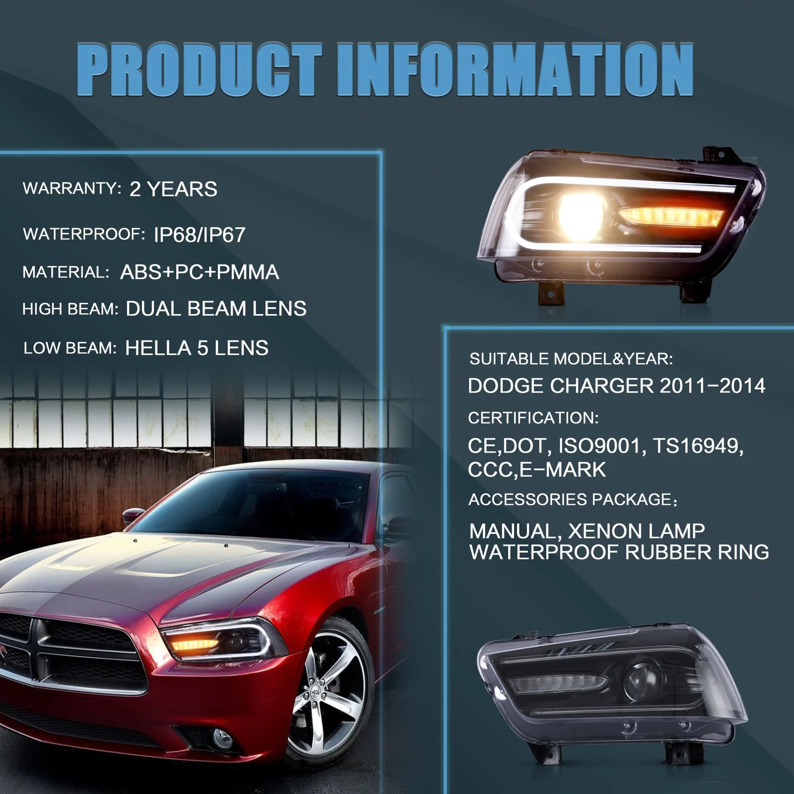 VLAND for Dodge Charger 2011 2012 2013 2014 Dual Beam Projector Headlights Replacement Assembly - Image 30