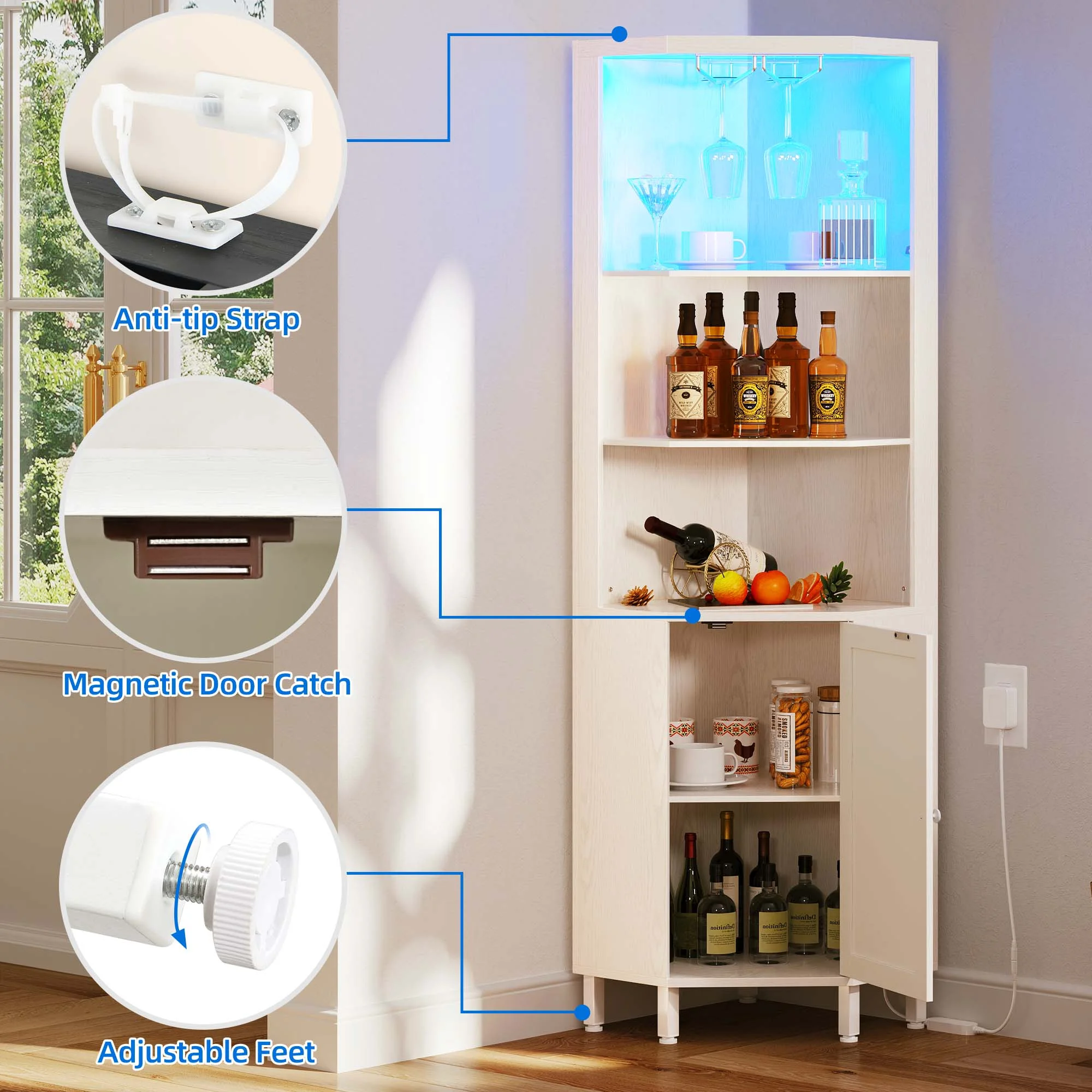 Dextrus 67" Corner Bar Cabinet with LED Lights, Wine Glass Holder & Storage Shelves, Black - Image 11