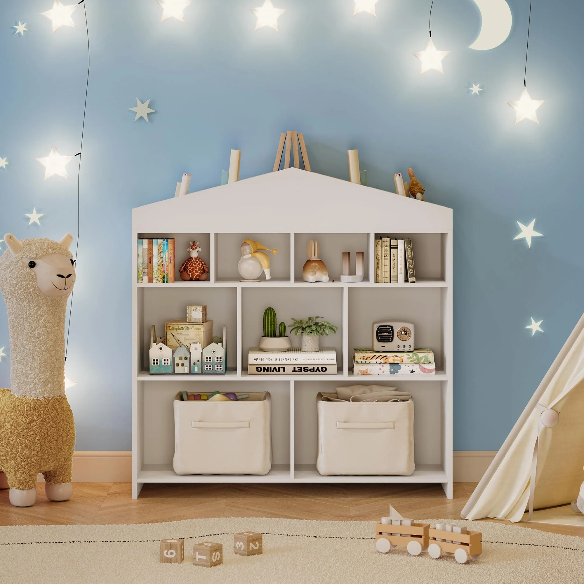 DSstyles Kids Bookshelf 9-Cubby Toy Storage Organizer White Bookcase Toddlers Playhouse Cabinet Shelf for Boys Girls Wooden Storage Toy Shelf for Playroom, Nursery, Kids Room - Image 10
