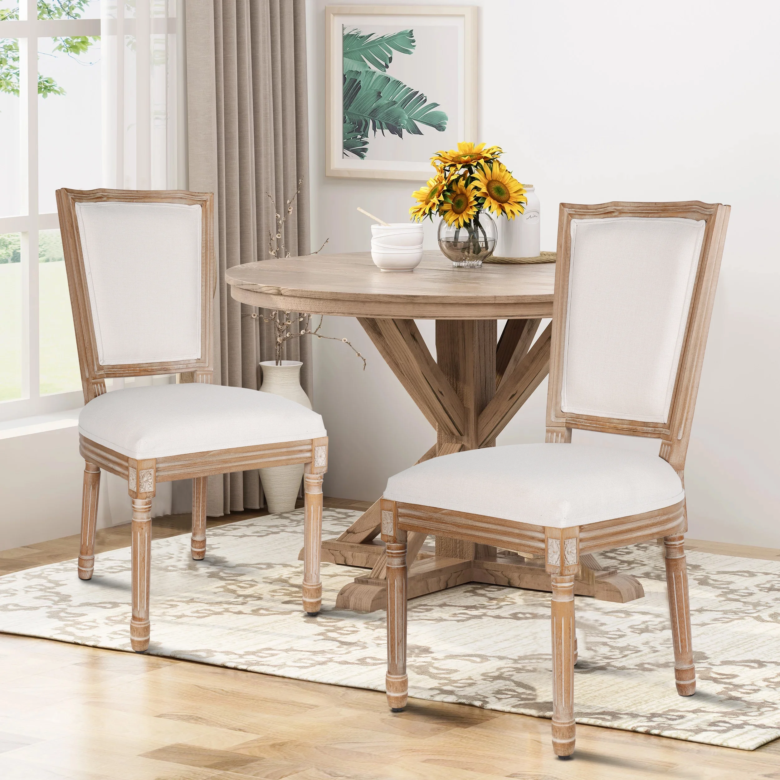 French Dining Chairs Set of 2 Beige Natural Fabric Round Back with Solid Wood Legs and Frame for Bedroom Dining Room Kitchen - Image 11