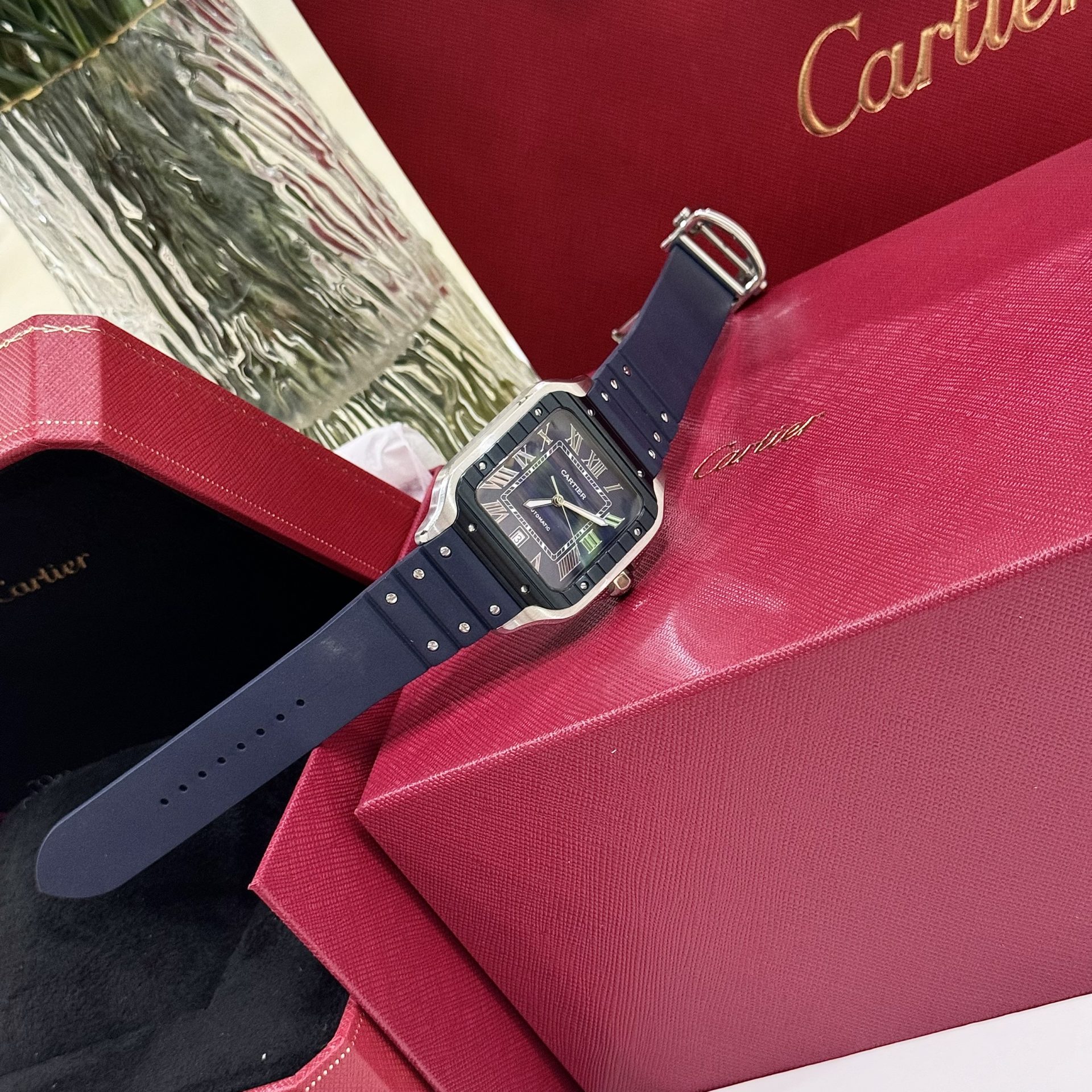 Cartier Santos Replica 1:1 Watch Rubber Blue Strap BV Factory 39.8mm - Elite Watch Atelier