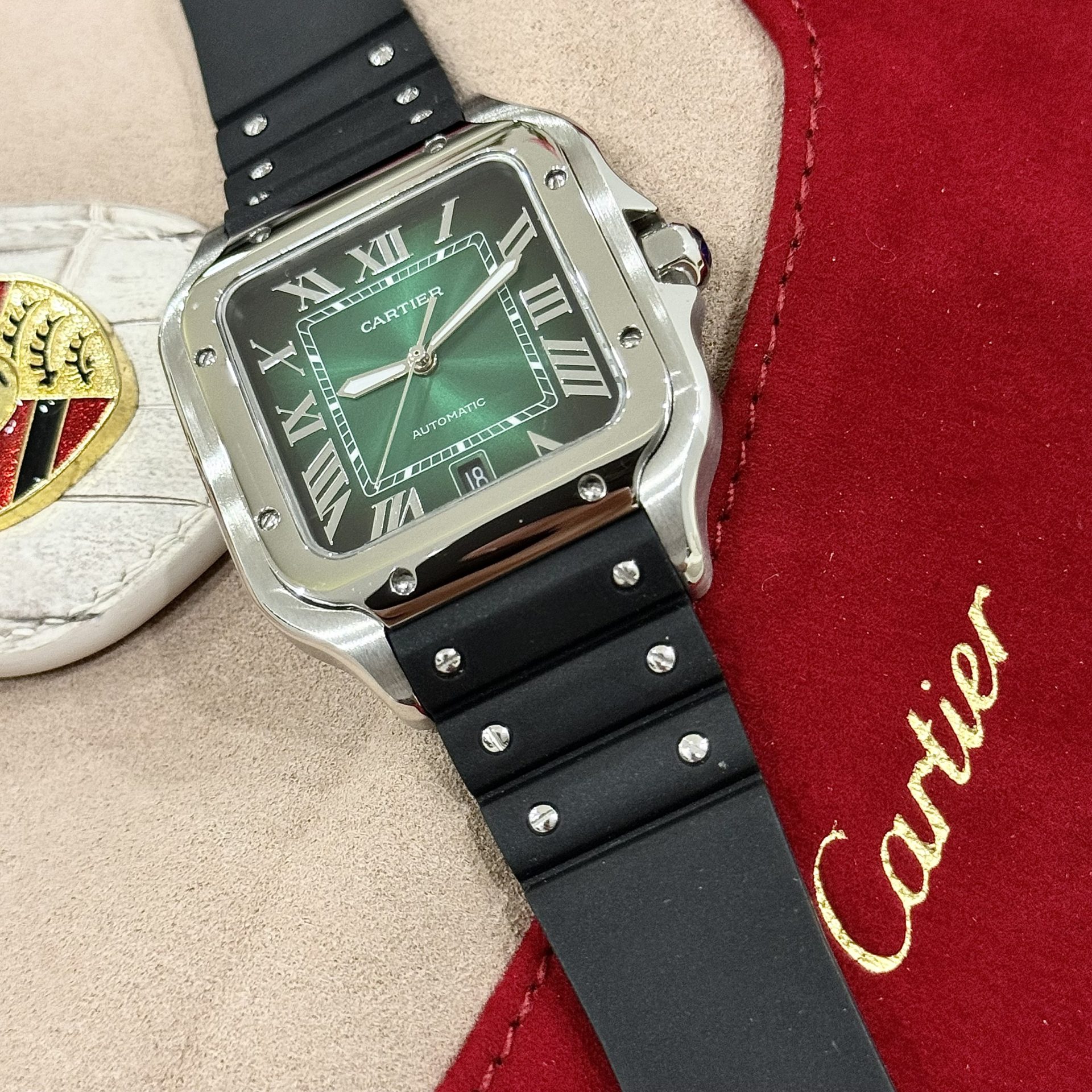 Cartier Replica Watches Santos WSSA0061 Green Dial Rubber Strap BV Factory 39.8mm - Elite Watch Atelier