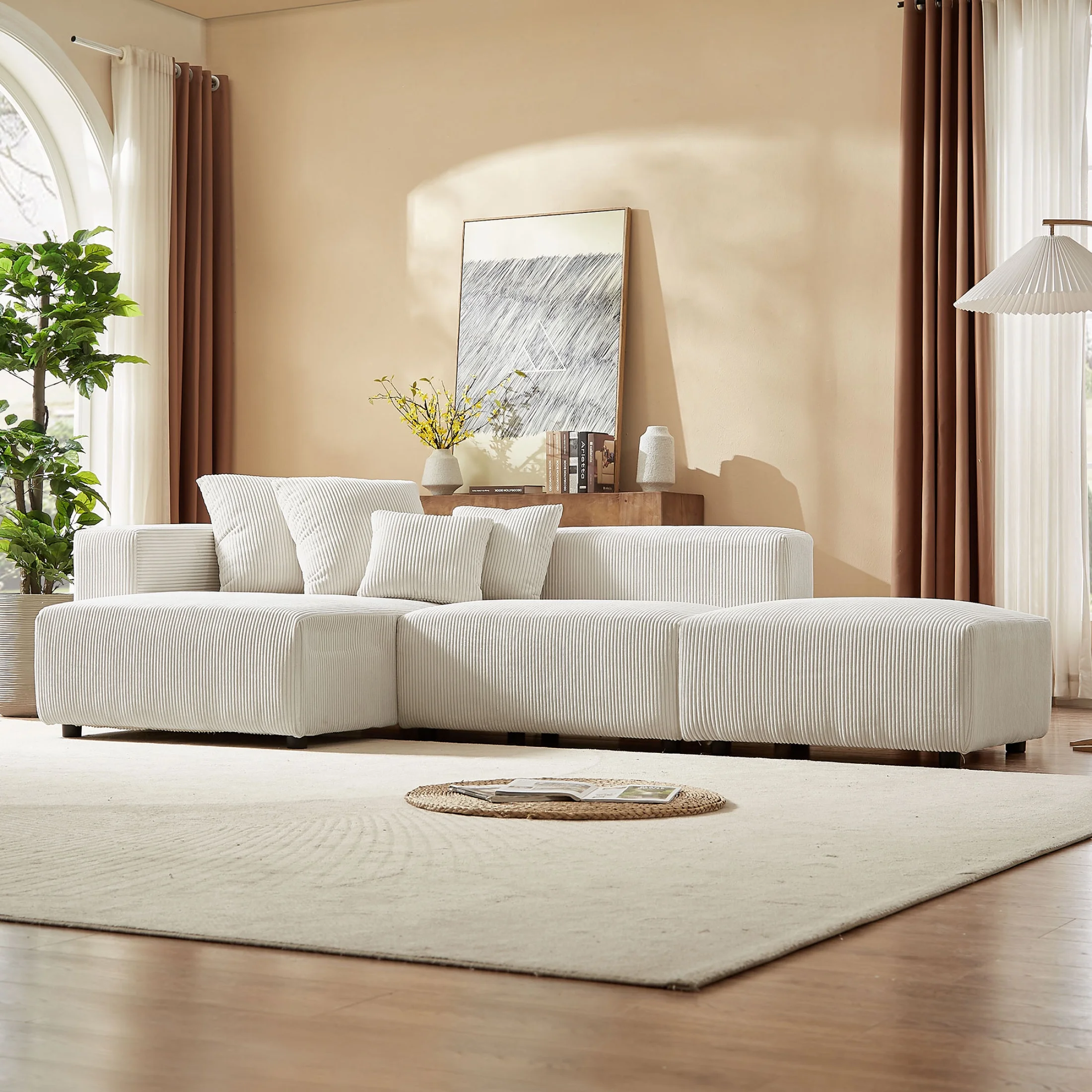 Newboti Furniture Soft Corduroy Sectional Modular Sofa Set, Small L-Shaped Chaise Couch for Living Room, Apartment, Office, Beige 25673 - Image 8