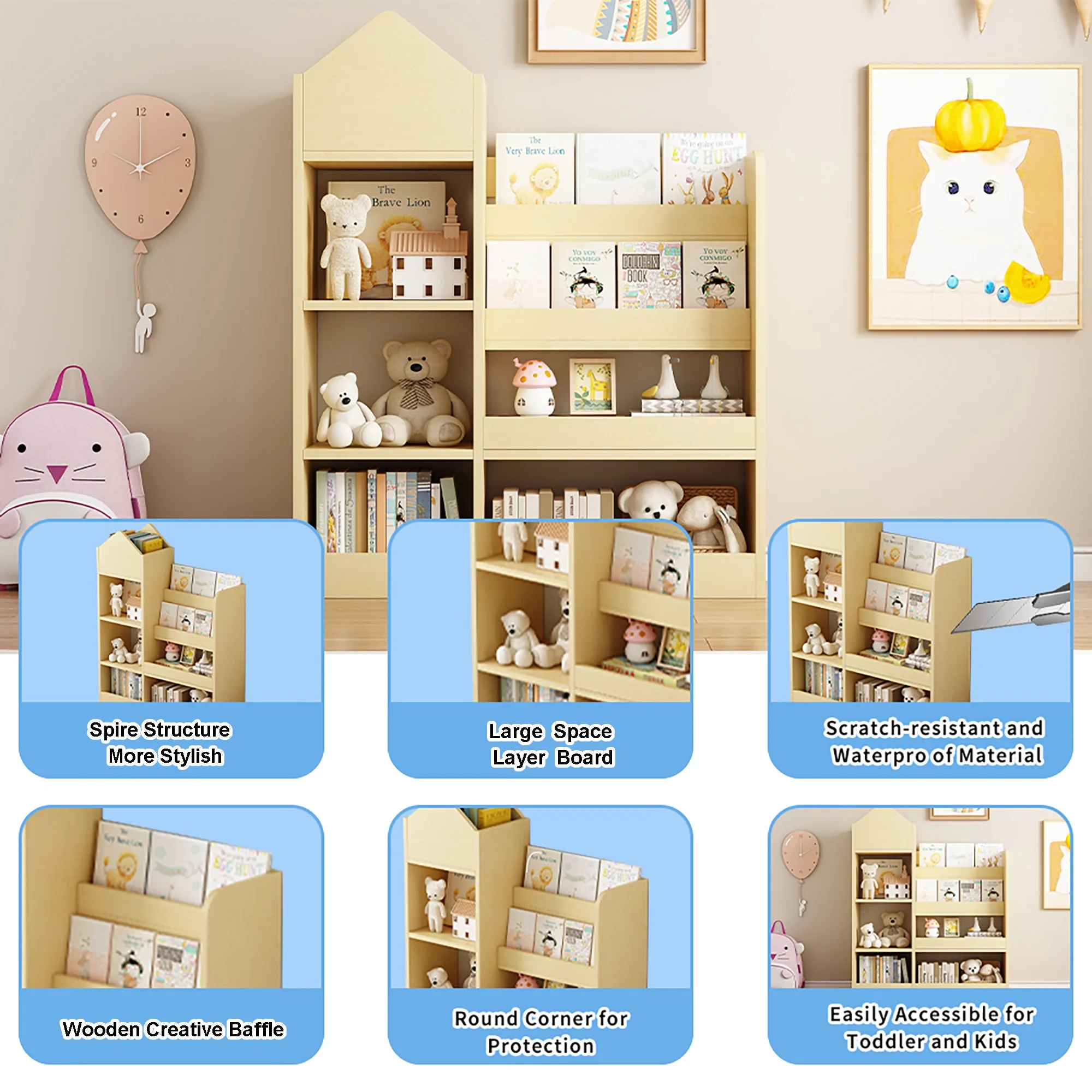 PAPROOS Kids Bookshelf, Wooden Kids Bookcase with Toy Storage Organizer Cabinet, Children Multi Shelf Cubby for Classroom, Kids Bedroom, Nursery, Wood