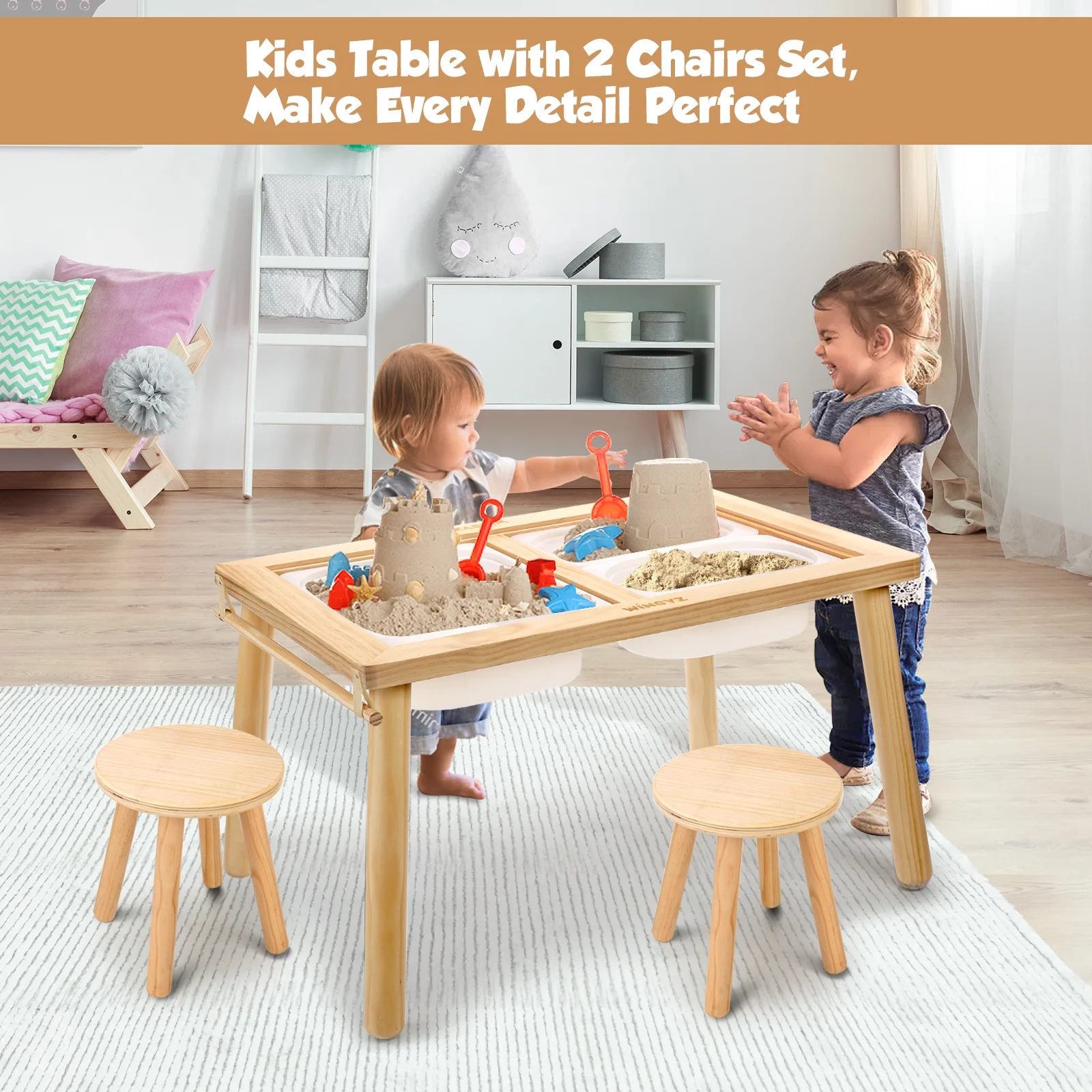 Sweet Time Toddler Sensory Table Chairs, Wood Kids Activity Table with Storage Play Study Furniture - Image 2