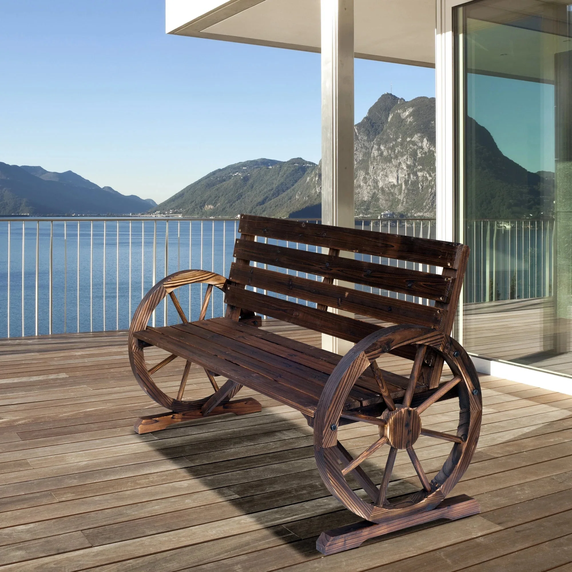 Outsunny Wooden Wagon Wheel Bench, 2-Person, Fir Wood, Carbonized, 41.5in L x 23.25in W x 29.5in H - 84B-183 - Image 3 Outsunny Wooden Wagon Wheel Bench, 2-Person, Fir Wood, Carbonized, 41.5in L x 23.25in W x 29.5in H - 84B-183 - Image 3