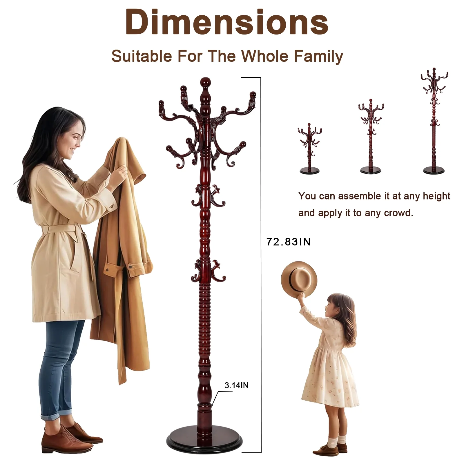 Coat Rack Freestanding, Hall Tree with 11 Hooks, Heavy Duty Wooden Coat Tree Stand, Adjustable Height, Sturdy Base for Bedroom Hallway Office - Load 270lbs - Image 47