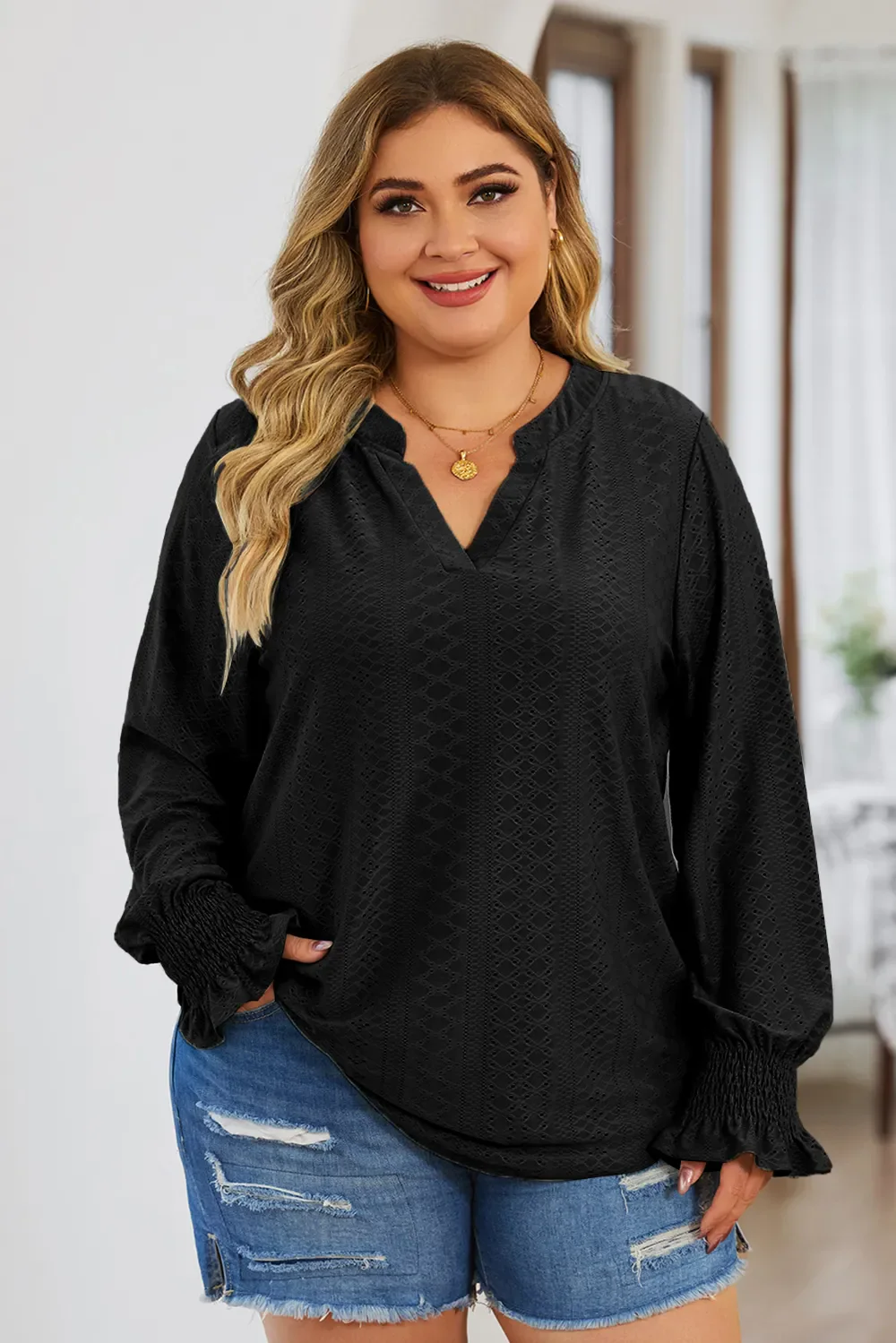 Plus Size Eyelet Notched Flounce Sleeve Blouse - ZKZOOK