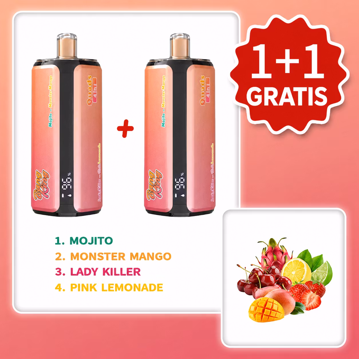 VAPSOLO BANG KING 250 000 puffów Quads 4in1 – Mojito, Strawberry Mango, Blue Razz Lemonade, Vanilla Ice Cream | 1+1 gratis