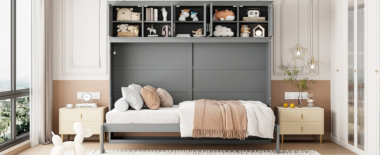 Newest Queen Size Murphy Bed Wall Bed with Top Cabinets,Gray - Image 7