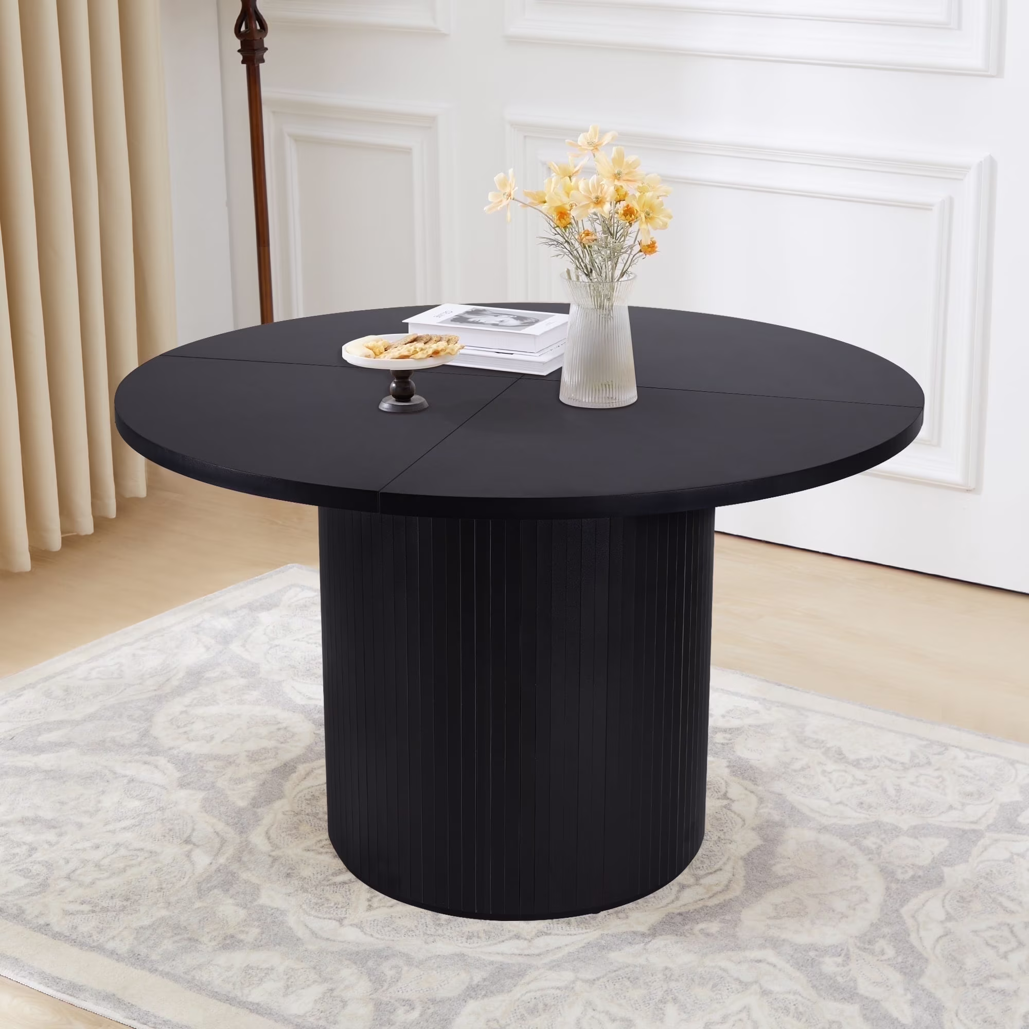 Wirrytor Round Dining Table, Modern Farmhouse Kitchen Table, 47 Inch Coffee Circle Dining Tables with Wood Strip Base for Kitchen Living Room, Black