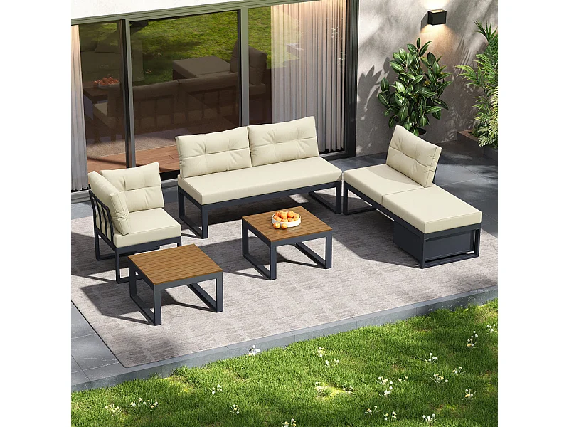 Salon de jardin modulable en fer: 1 canapé d'angle relevable + 2 table basse - 3 niveaux réglable + rangement - Beige