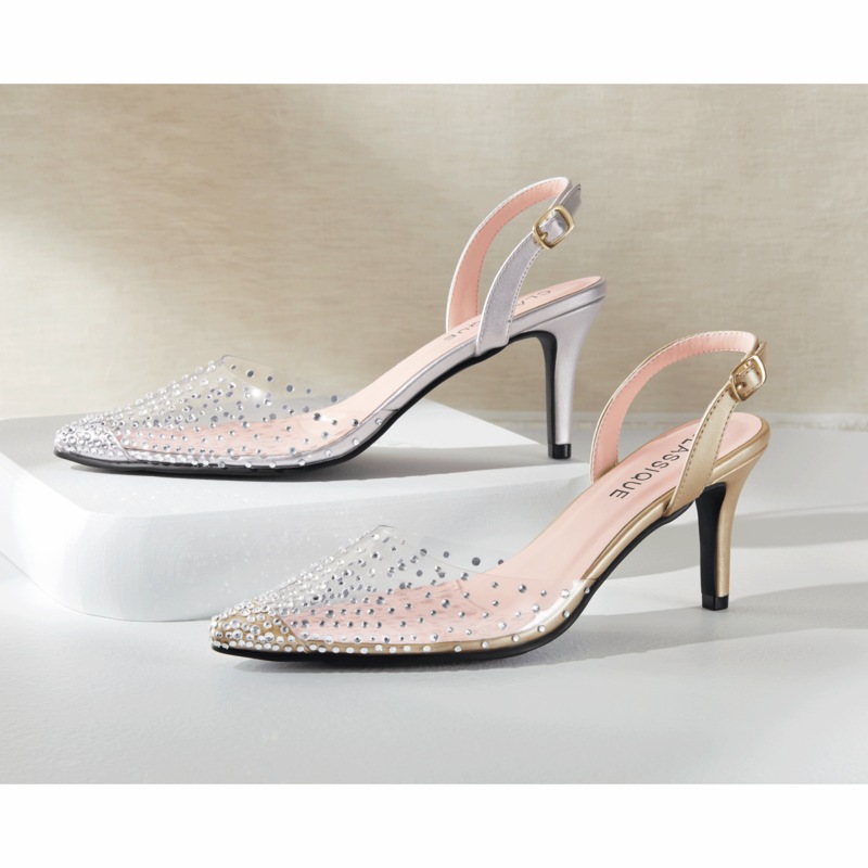 Classique Rhinestone Vinyl Halter Pump with Clear Lucite Heel and Adjustable Strap - MIDNIGHT VELVET CATALOG