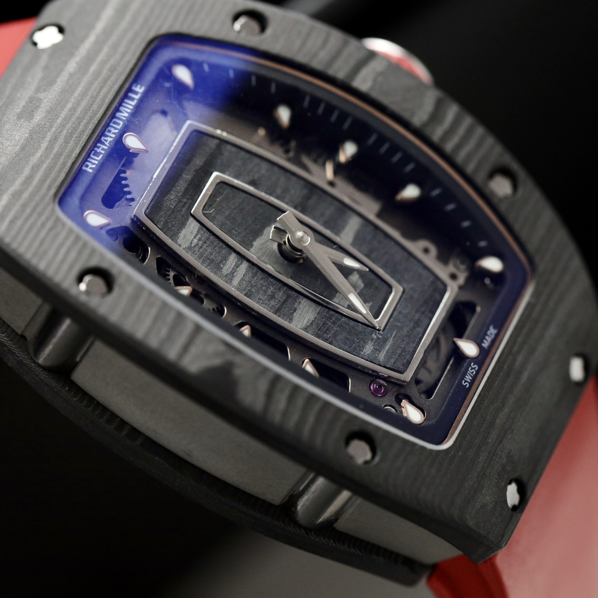 Richard Mille Replica 1:1 Watch RM07 Carbon Black Red Rubber Strap 36mm - Top club