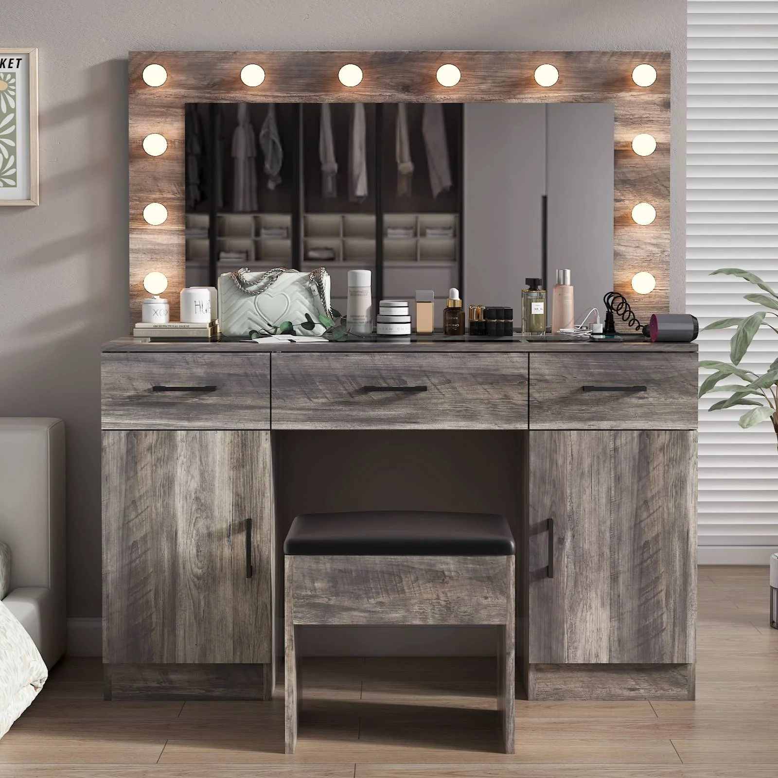 Ktaxon Large Makeup Vanity, Vanity Table Set w/ Visible Glass Top w/ Charging Station, White - Image 33