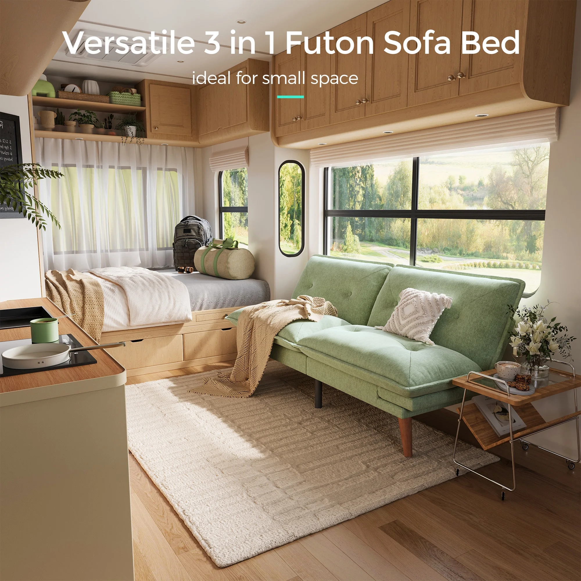 Linsy Home 70" W Chenille Convertible Futon Sofa Bed with Adjustable Armrests, Green - Image 12
