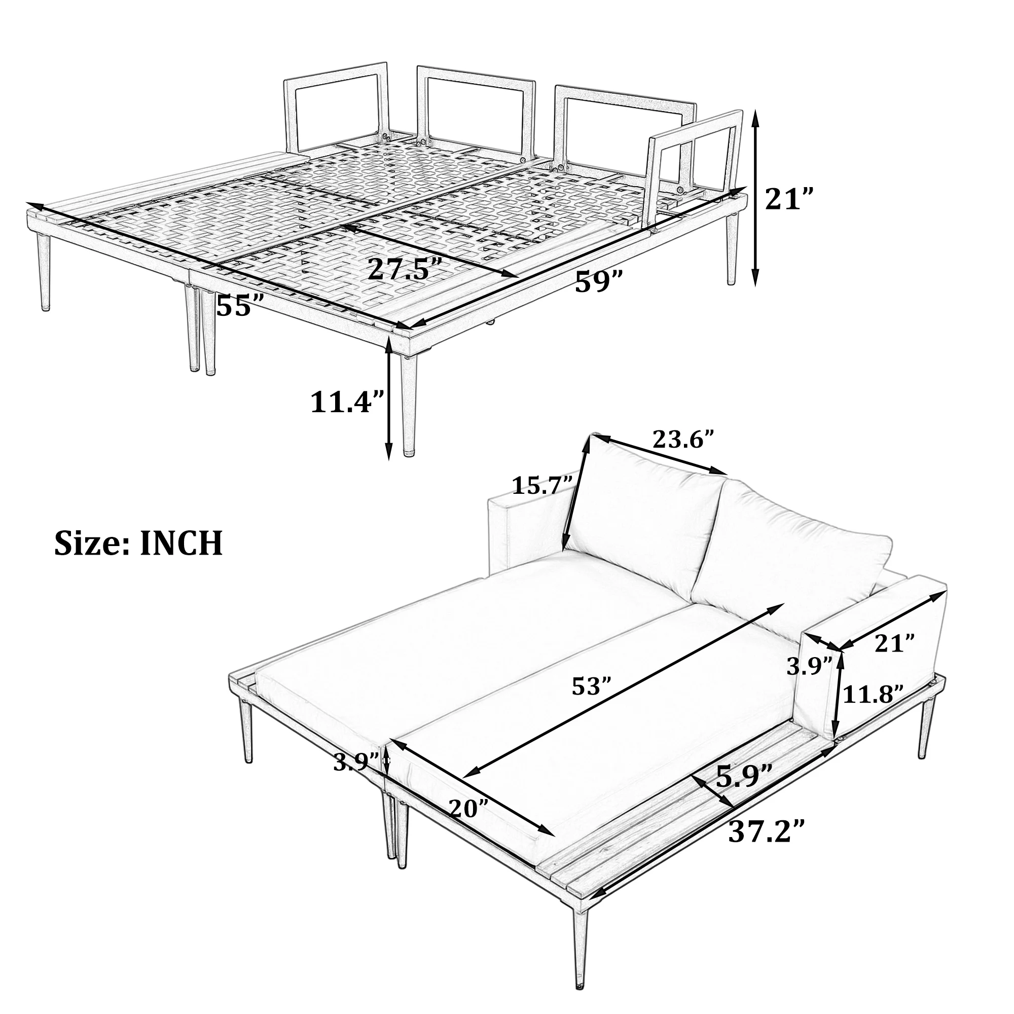Harper & Bright Designs Patio Outdoor Metal Daybed for 2, All Weather Outdoor Chaise Lounges Reclining Chairs with Wood Topped Side Spaces for Drinks for Poolside Balcony Deck, Gray
