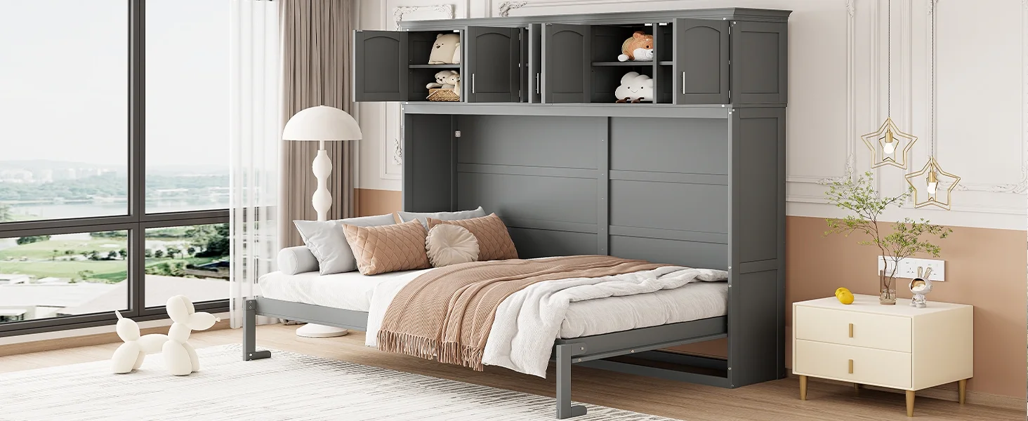 Newest Queen Size Murphy Bed Wall Bed with Top Cabinets,Gray - Image 5