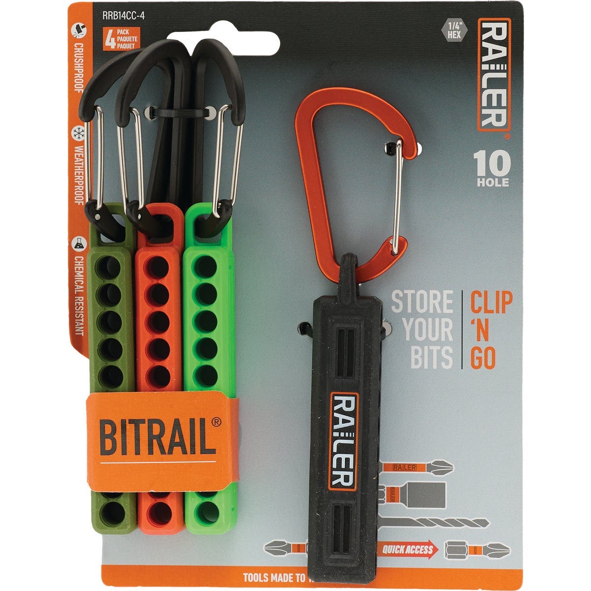 Railer 10-Hole Bitrails in Black, Orange, Hi-Vis Green, & Camo Green with Carabiners (4-Pack)