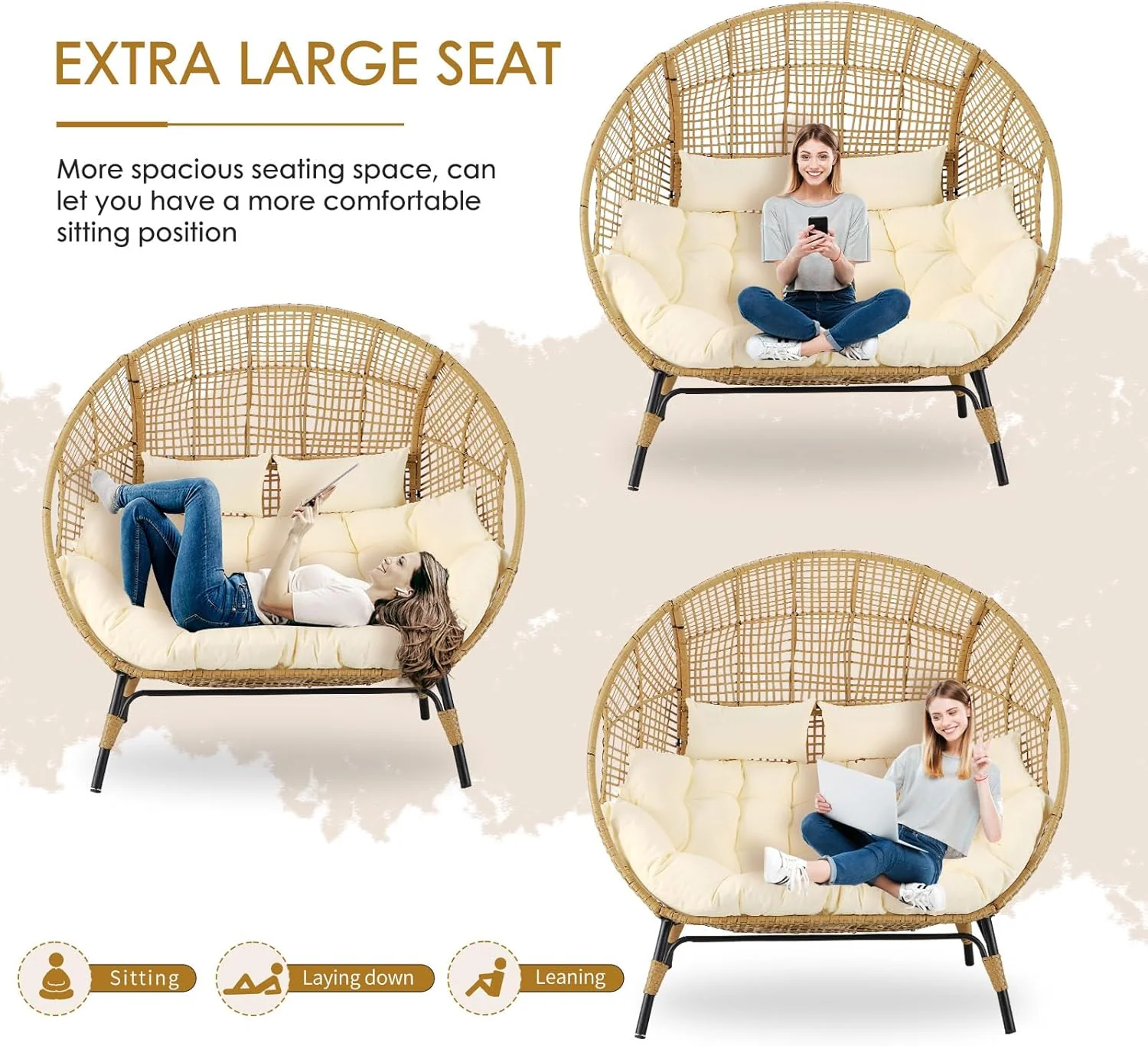 NICESOUL Double Egg Wicker Loveseat Chair, 2 Person, Beige - Image 8 NICESOUL Double Egg Wicker Loveseat Chair, 2 Person, Beige - Image 8