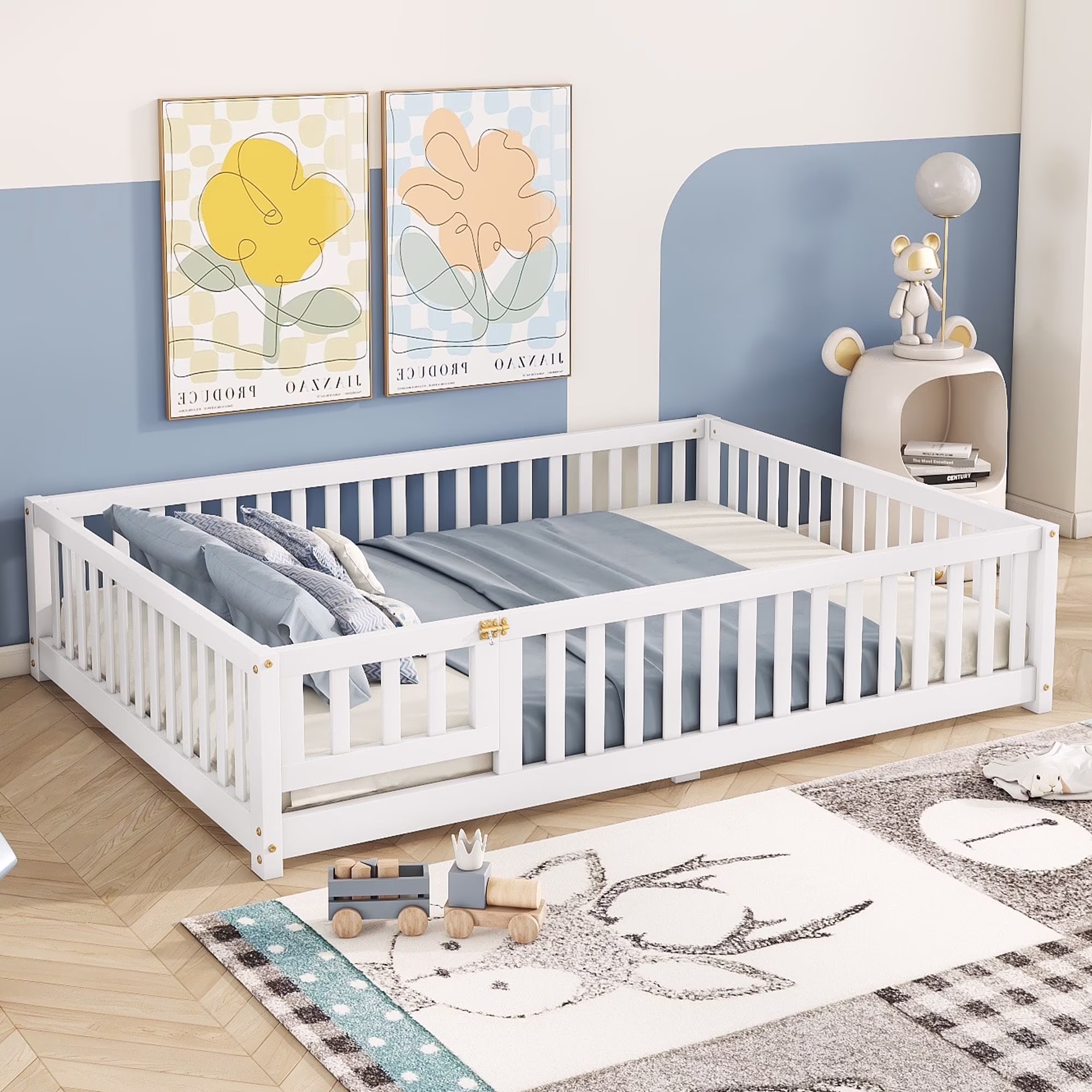Bellemave Full Size Floor Bed with Door and Fence Floor Bed with Bed Slats Sturdy Wood Floor Bed Montessori Bed Frame (Full, Pink) - Image 9