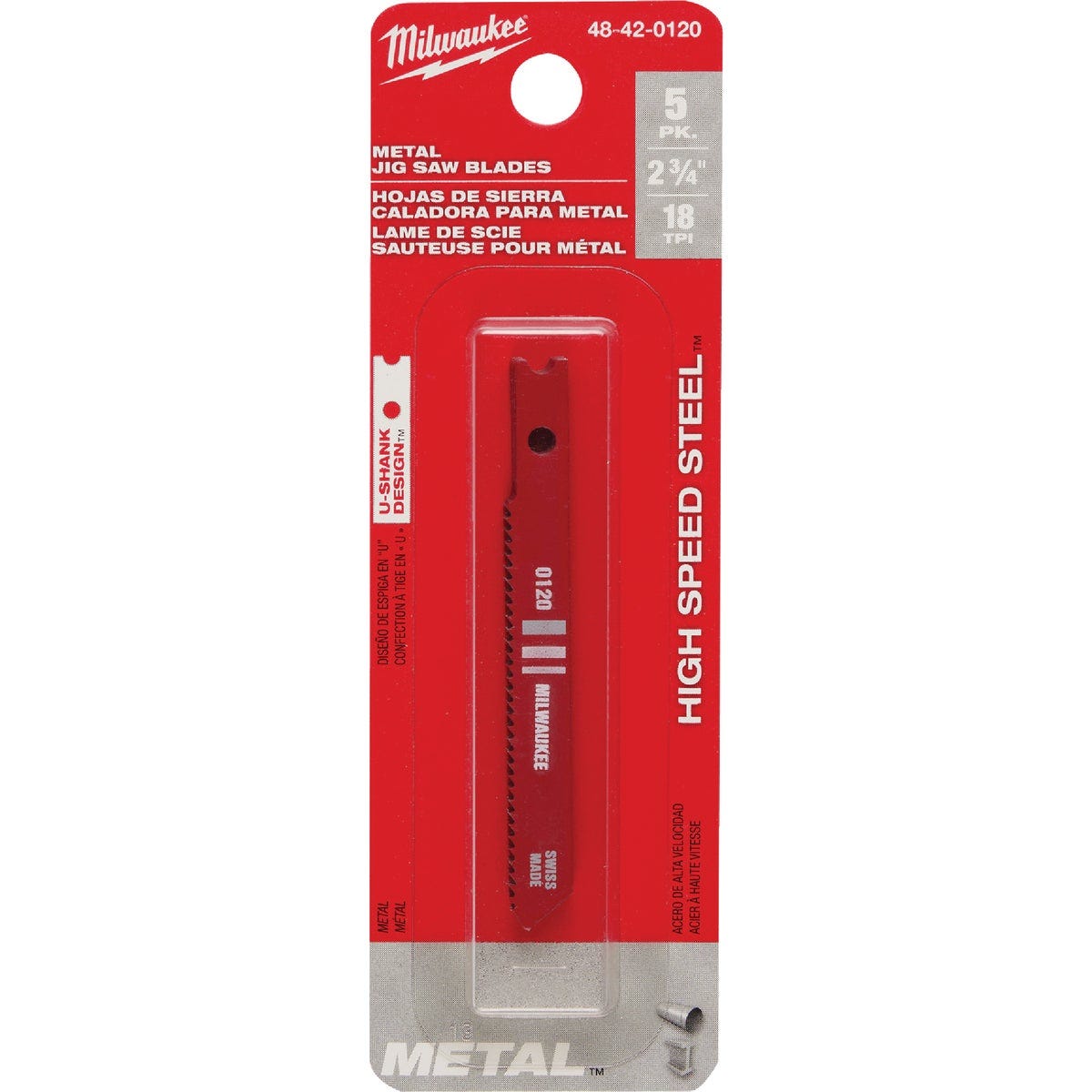 Milwaukee U-Shank 2-3/4 In. x 18 TPI High Speed Steel Jig Saw Blade, Metal Cutting (5-Pack)