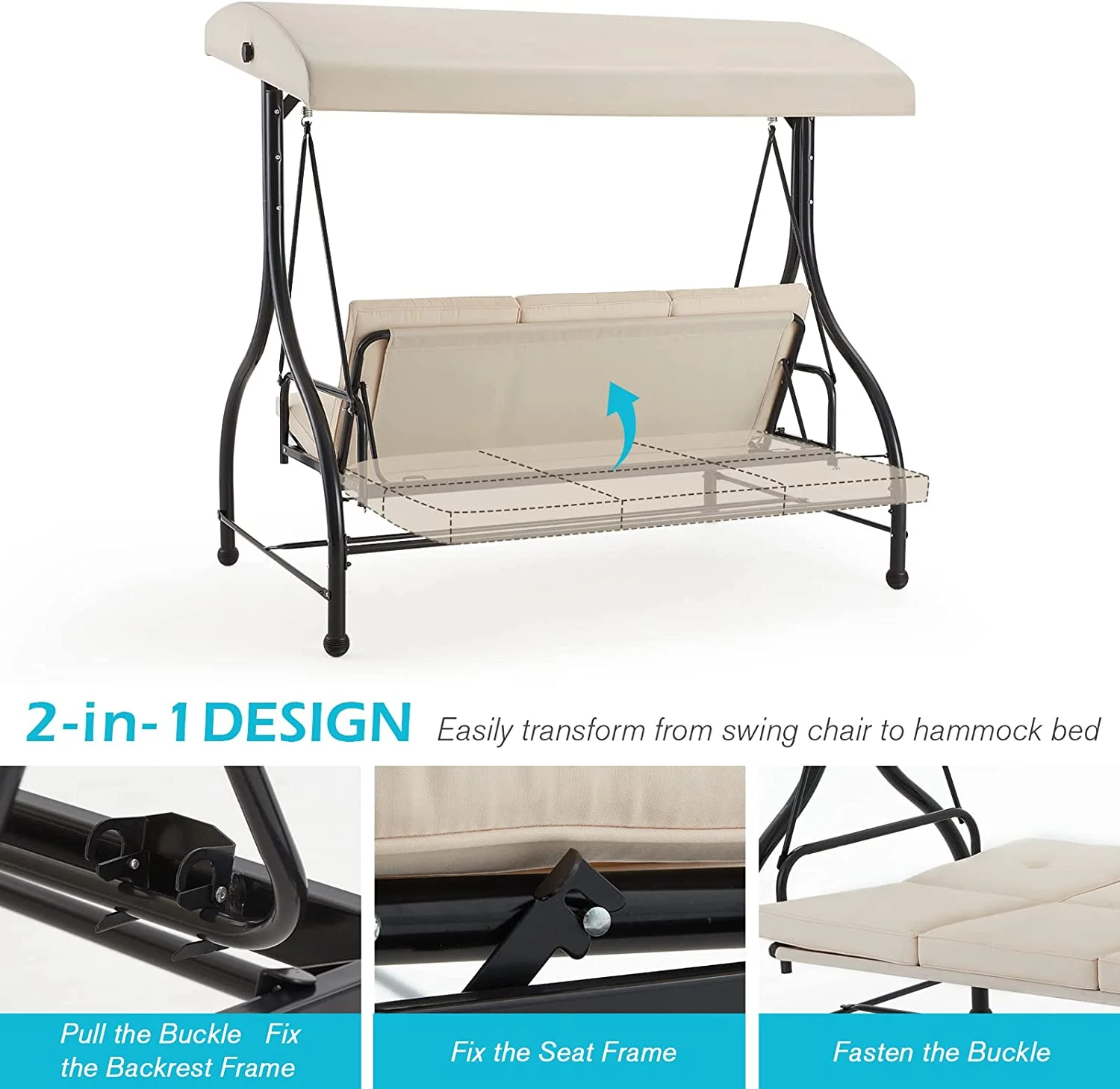 AECOJOY 3 Person Canopy Steel Porch Swing, Converting Swing Glider Hammock-Beige - Image 12