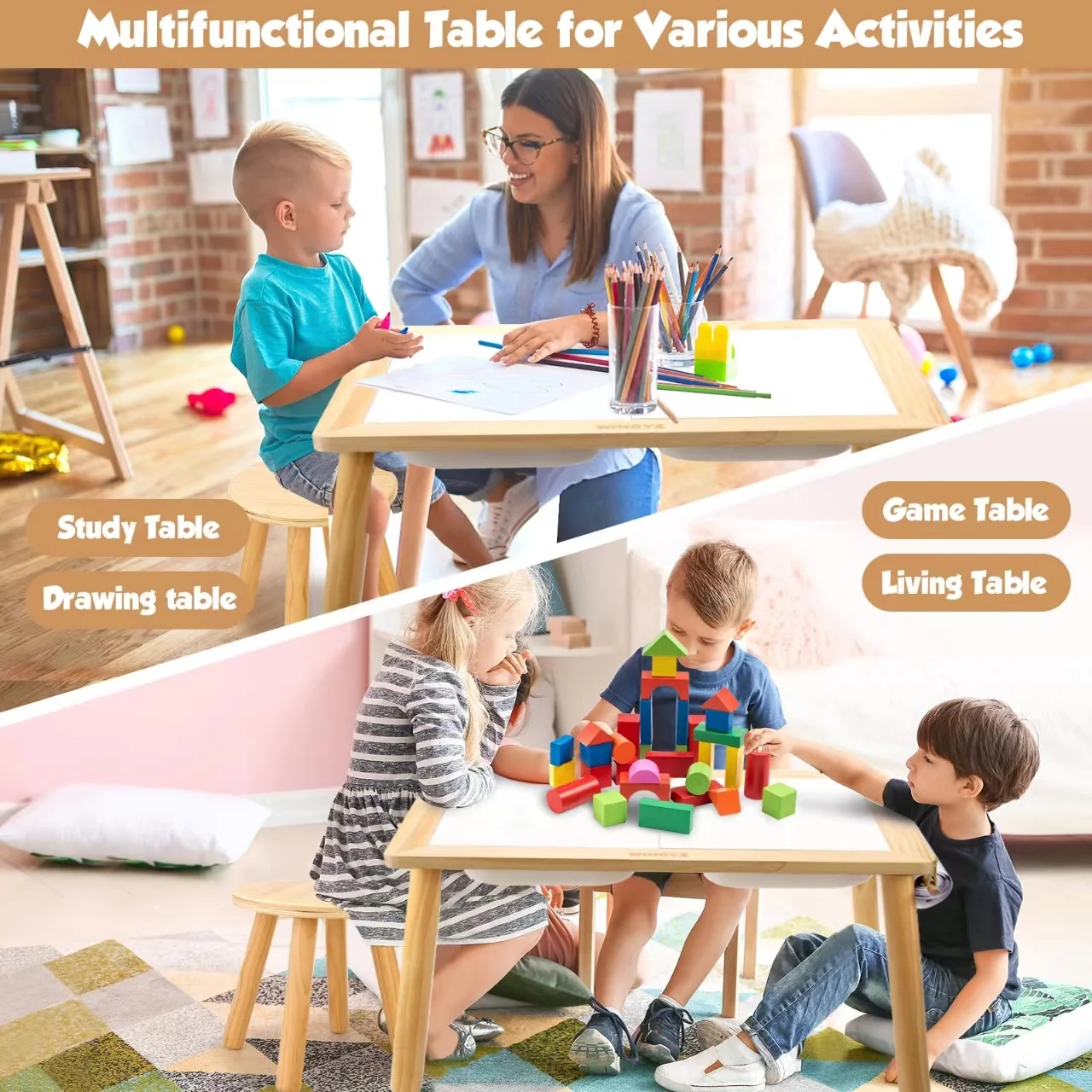 Sweet Time Toddler Sensory Table Chairs, Wood Kids Activity Table with Storage Play Study Furniture - Image 4