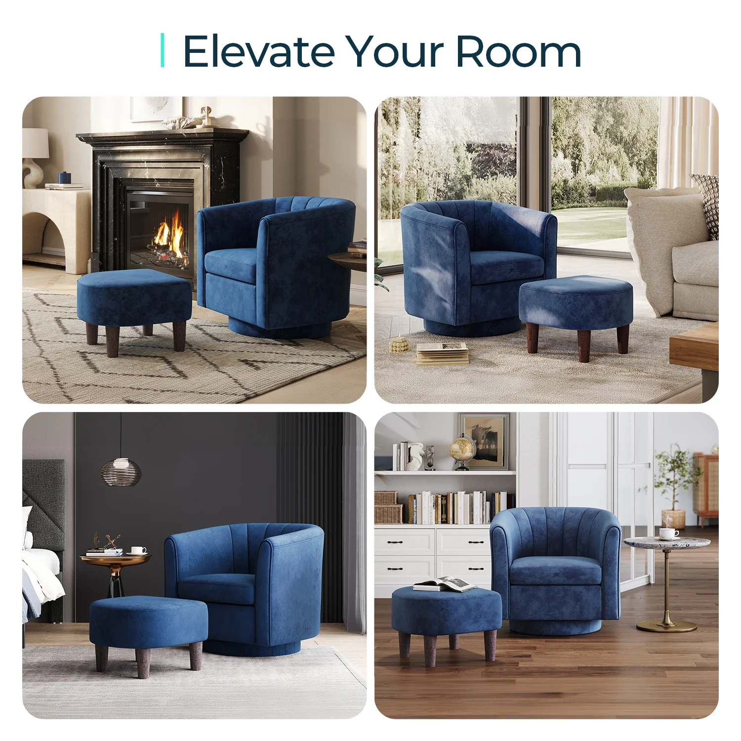 LINSY HOME Swivel Accent Chair with Ottoman, Velvet Barrel Chair for Living Room, Blue - Image 10