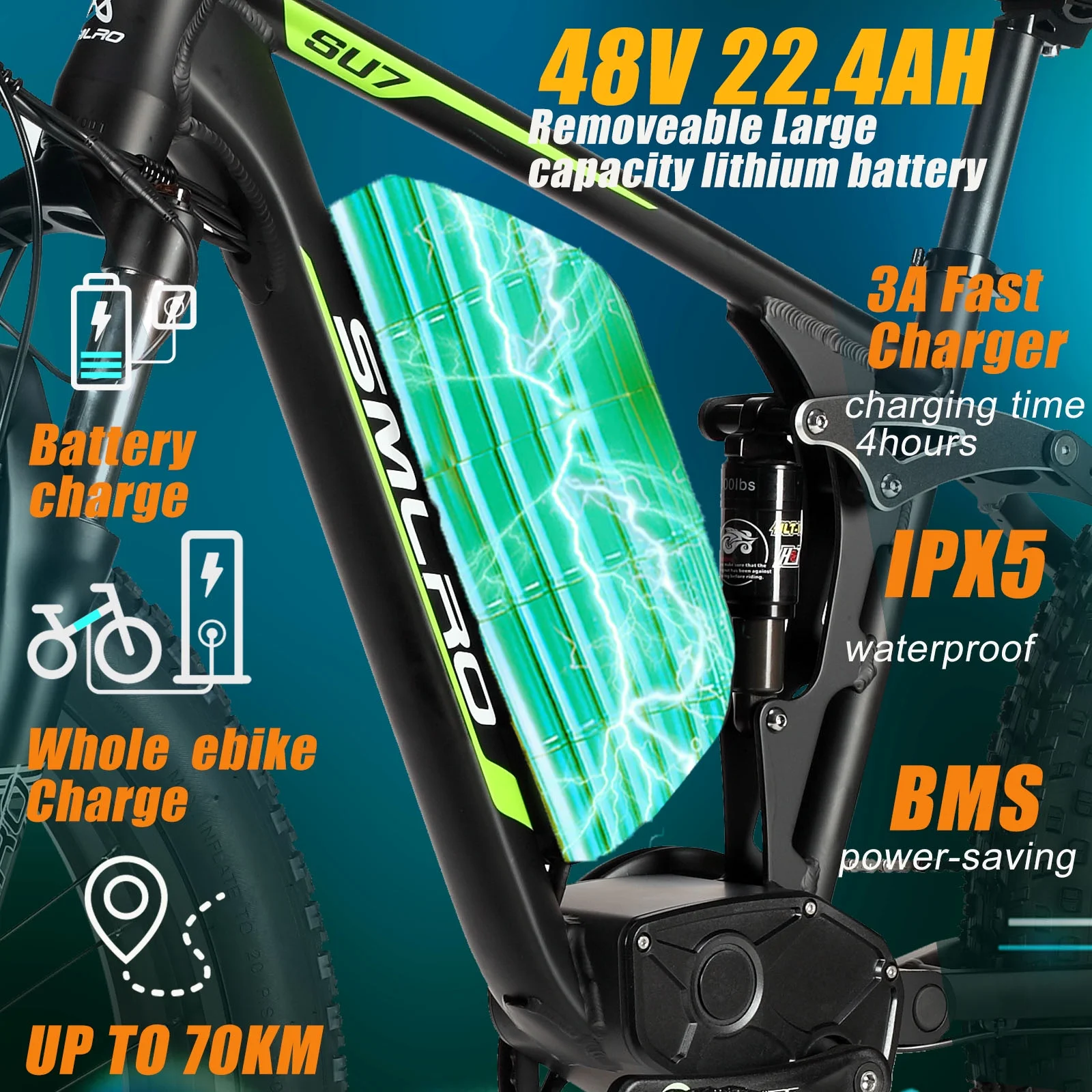 5000w Peak Dual Motor Electric Bike, 26" Fat Tire Shimano 21 Speed 45 MPH Commuter Mtb, 60V 25AH Front Suspension Ebike - Image 19