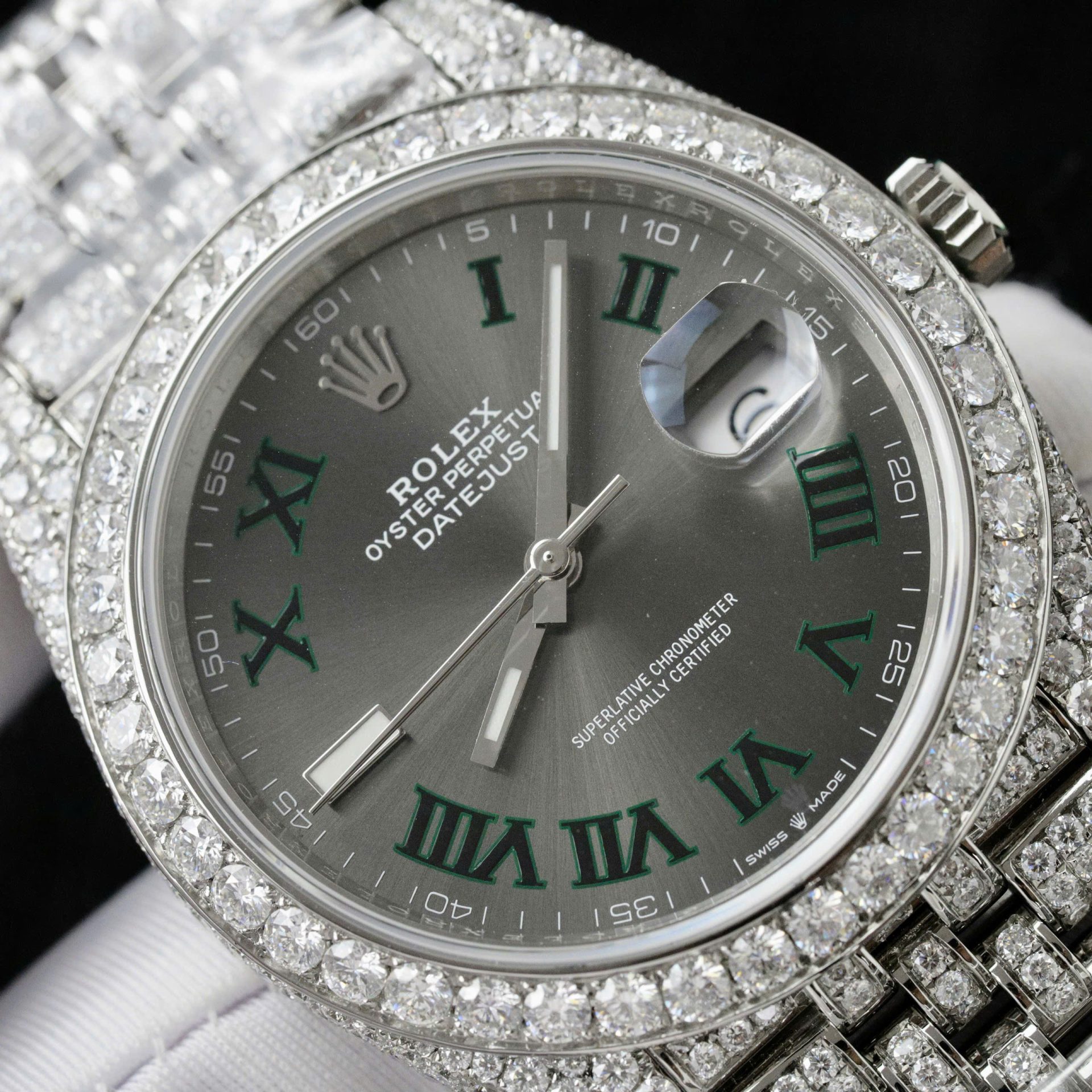 Rolex DateJust Best Copies Watch Dial Wimbledon Encrusted Moissanite Hong Kong 41mm - Elite Watch Atelier