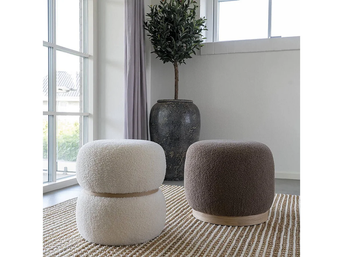 ZURVAN - Pouf en Tissu Bouclé Marron Socle Bois MDF