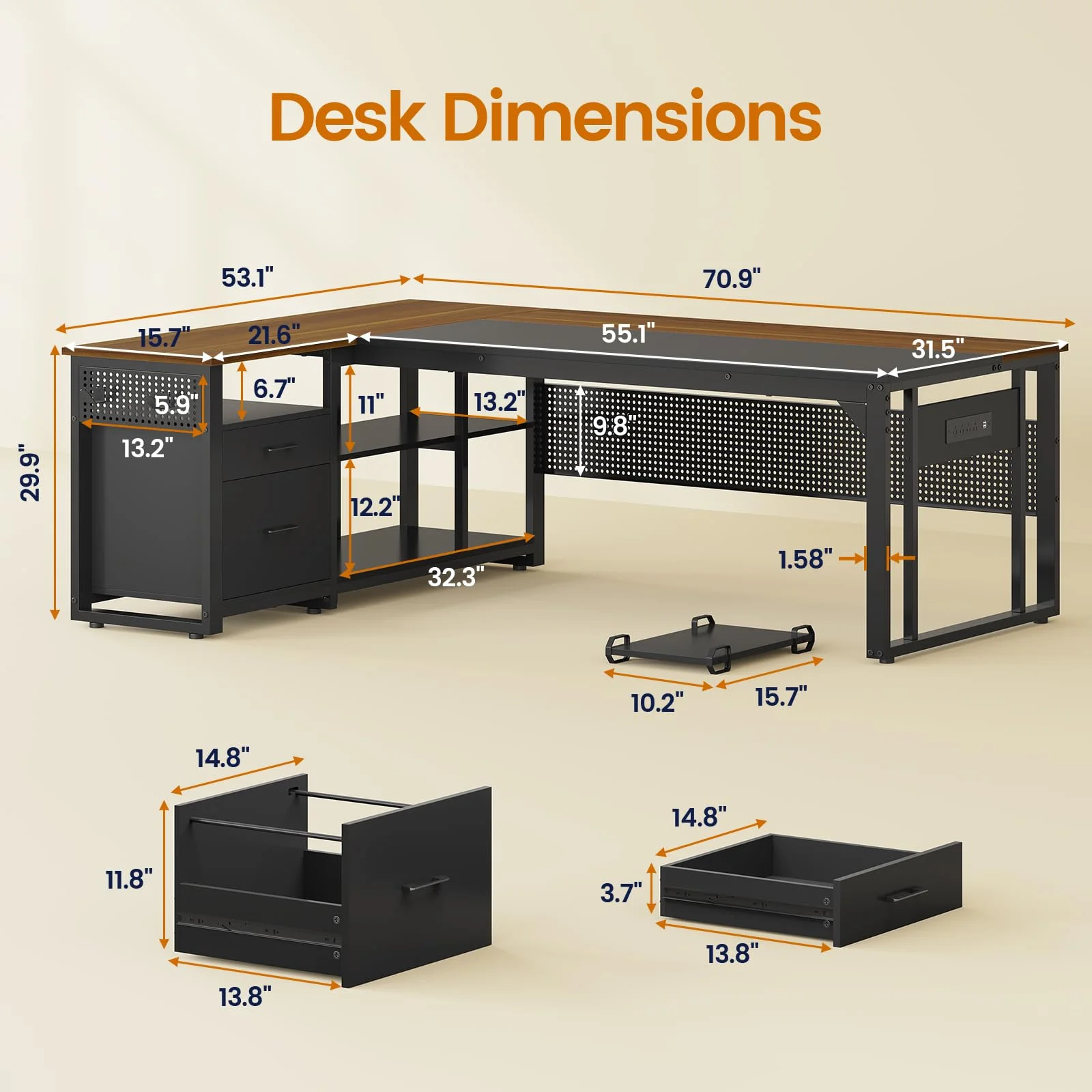 71" Executive Desk with Power Outlets, Modern L Shaped Office Desk with File Drawers and Pegboard, Large Computer Desk, Rustic Brown - Image 18
