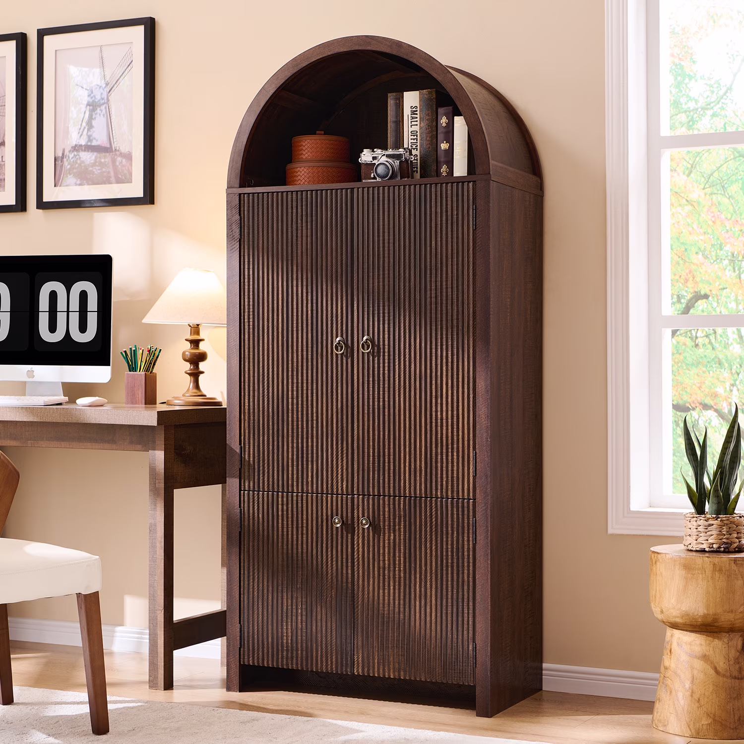 IFGET 71-Inch Arched 4-Tier Bookcase with Glass Doors and Drawers - Image 9