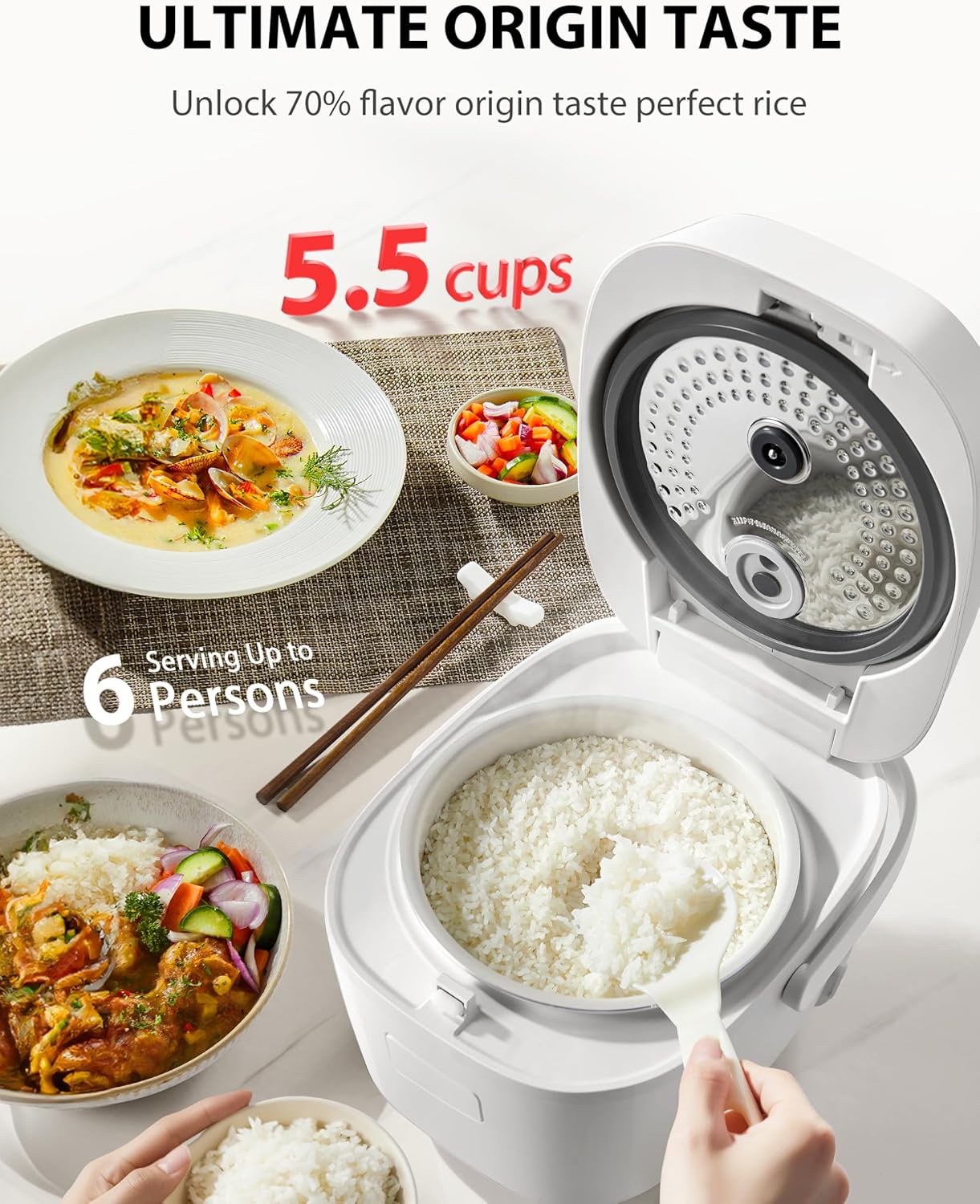 TOSHIBA OriginTaste Rice Cooker 5.5-Cup Uncooked, Fuzzy Logic, 15-in-1 Functions, Digital Display, Delay Timer, Keep Warm, Nonstick Inner Pot, White