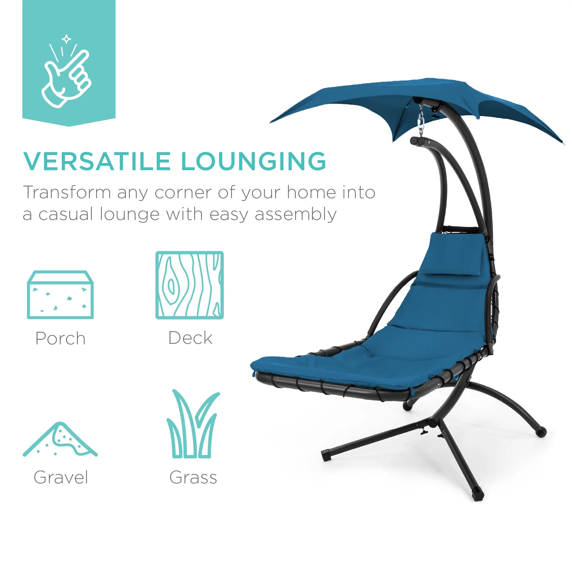 Best Choice Products Hanging Curved Chaise Lounge Chair Swing for Backyard, Patio w/ Pillow, Shade, Stand - Teal - Image 44