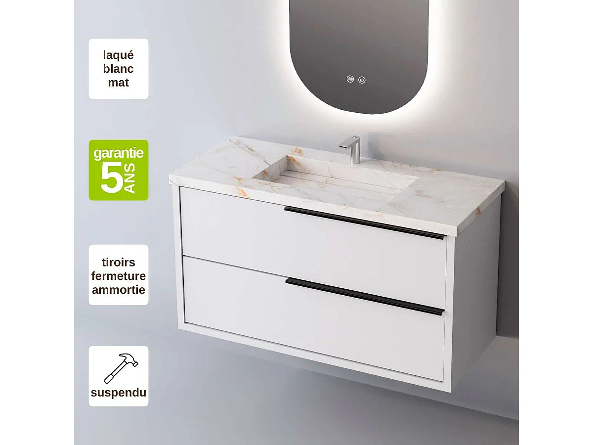 Meuble Salle de Bain LIKE 60cm, Plan Vasque Grès Cérame, 2 Tiroirs Poignée Noir, Laqué Blanc Mat, H 54cm x P 45cm