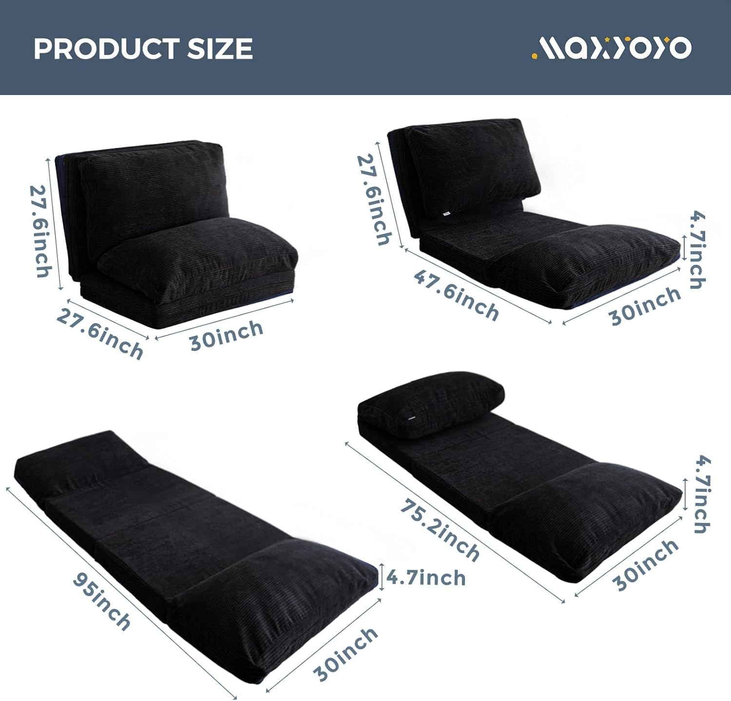 MAXYOYO Folding Sofa Bed, Extra Thick and Long Floor Sofa Convertible Sleeper Chair with Washable Cover, Floor Couch Lounge Bean Bag Bed for Living Room, Black, 30