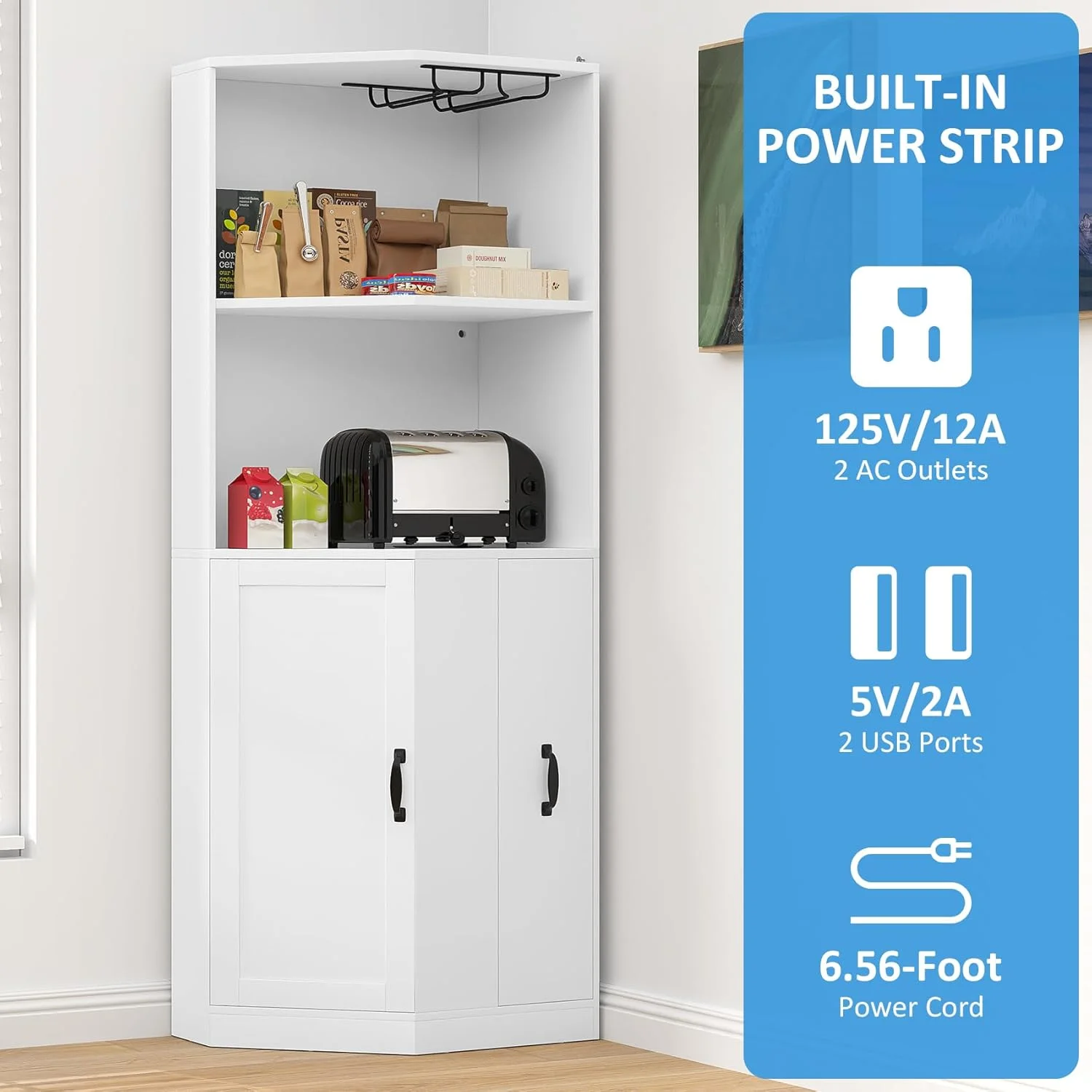 HAUXITIO Corner Bar Cabinet with Electrical Outlet, LED Lighting and Storage Drawer, 71