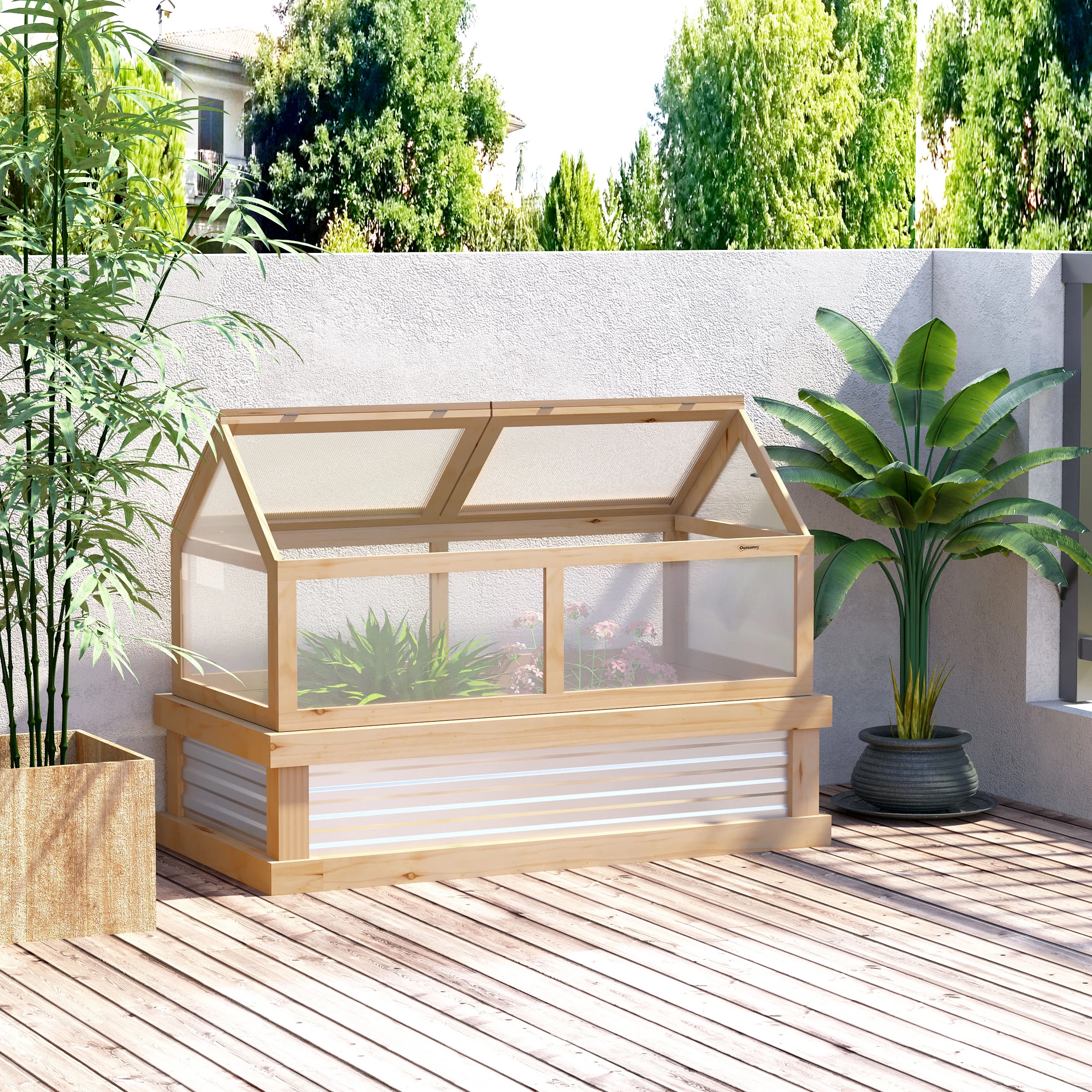 Outsunny Raised Garden Bed with Polycarbonate Greenhouse, Wooden Garden Cold Frame Greenhouse, Flower Planter Protection, 48