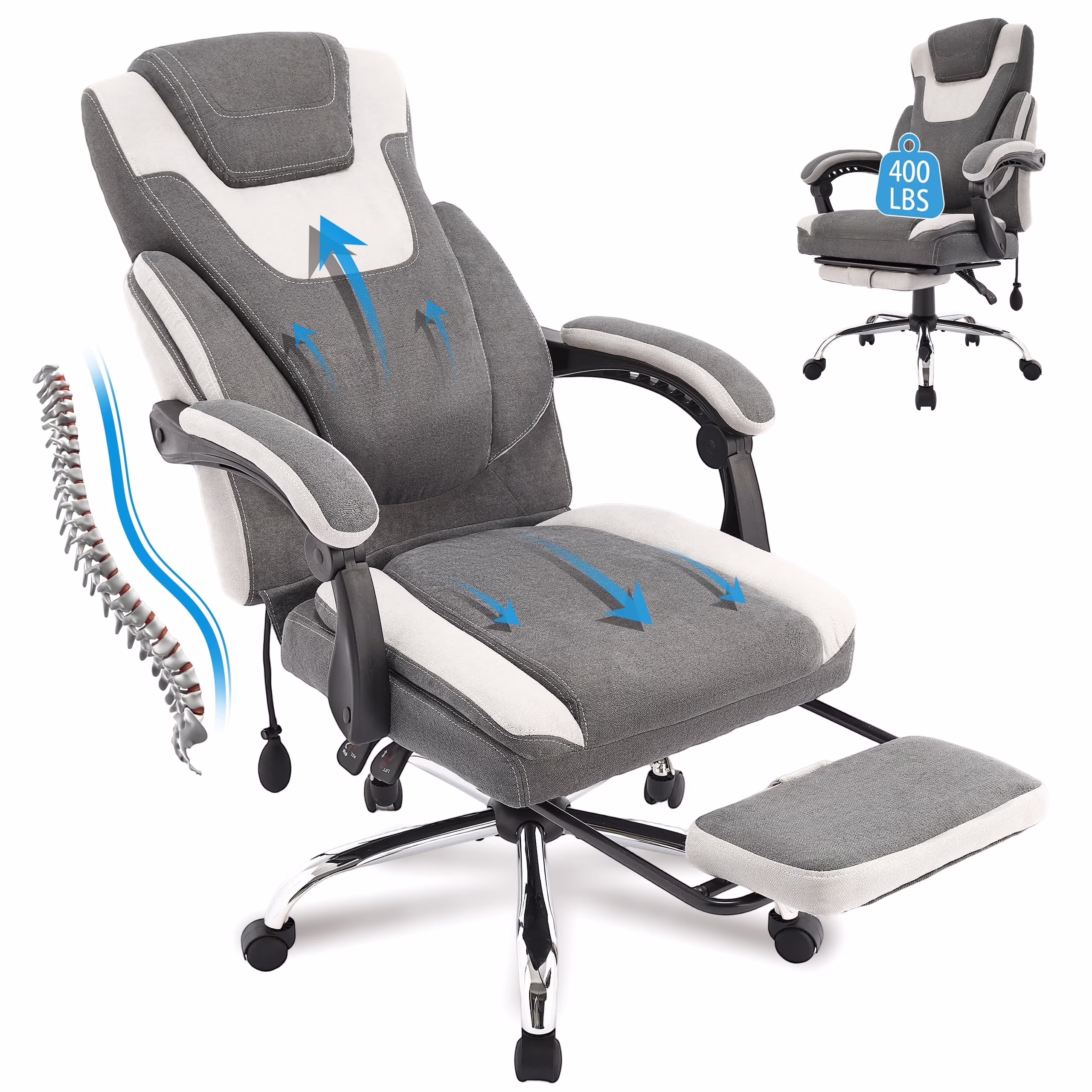 JONPONY Big and Tall Office Chair 400lbs, Executive Reclining Office Chairs with Footrest, High Back Home Office Chair Thick Padded Armrests, Ergonomic Adjustable Lumbar Support, PinkWhite - Image 3