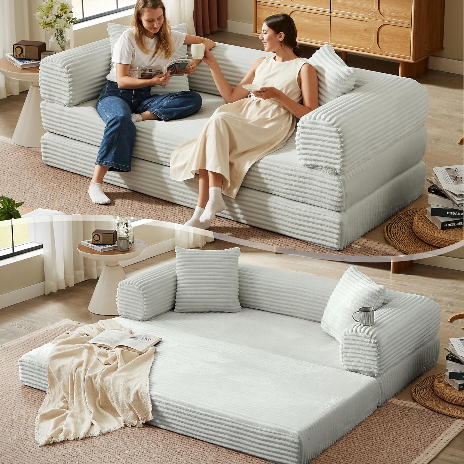 Boneless Couch Versatile Couches for Living Room No-Install Sofa Bed Corduroy Futon Soft Cloud Couch with Pillows for Bedroom Game Movie (Light Grey, 76