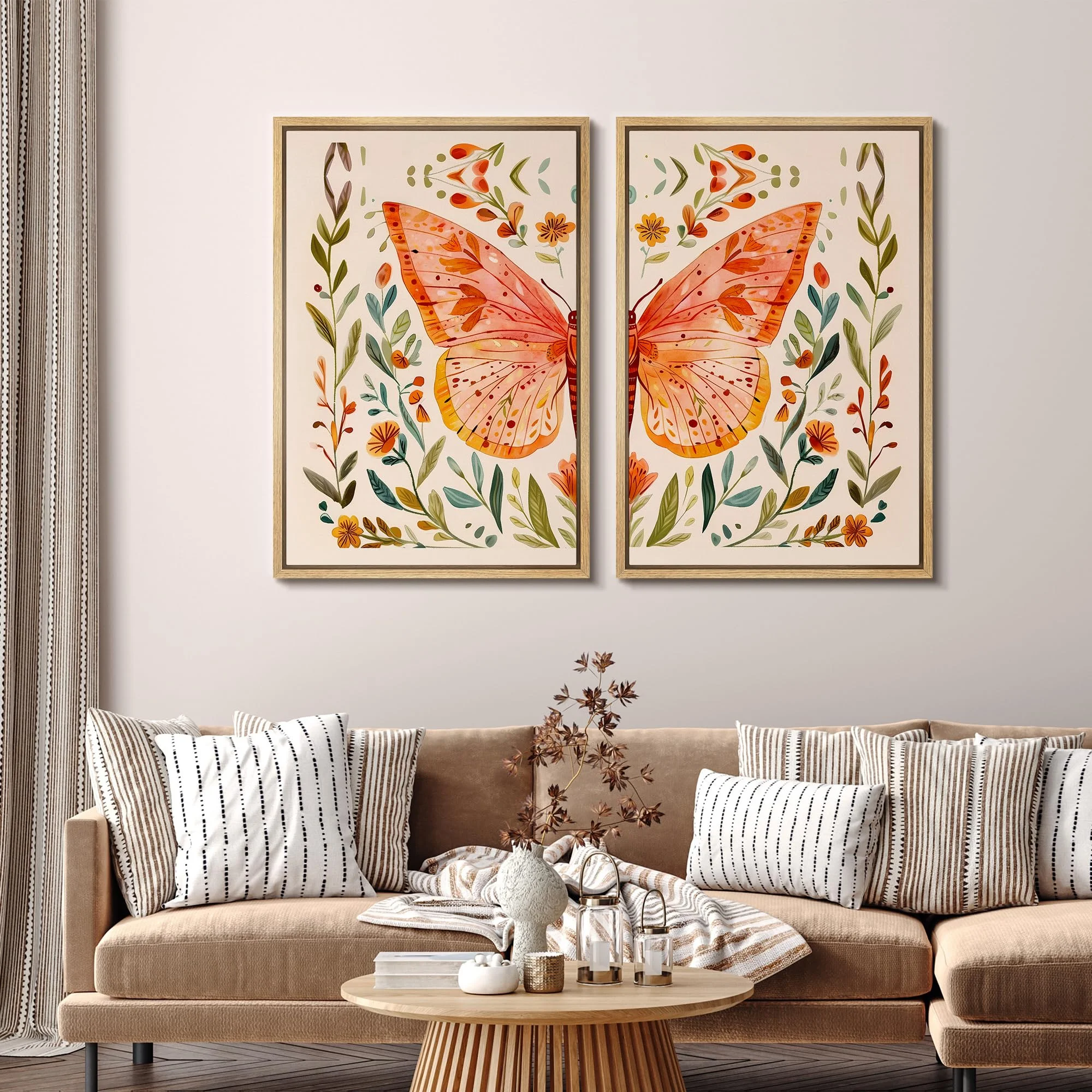 IDEA4WALL Framed Canvas Print Wall Art Set Whimsical Butterfly and Florals Illustration Abstract Botanical Boho Modern Art Wall Decor Colorful Chic Artwork for Home Decor - Natural 24