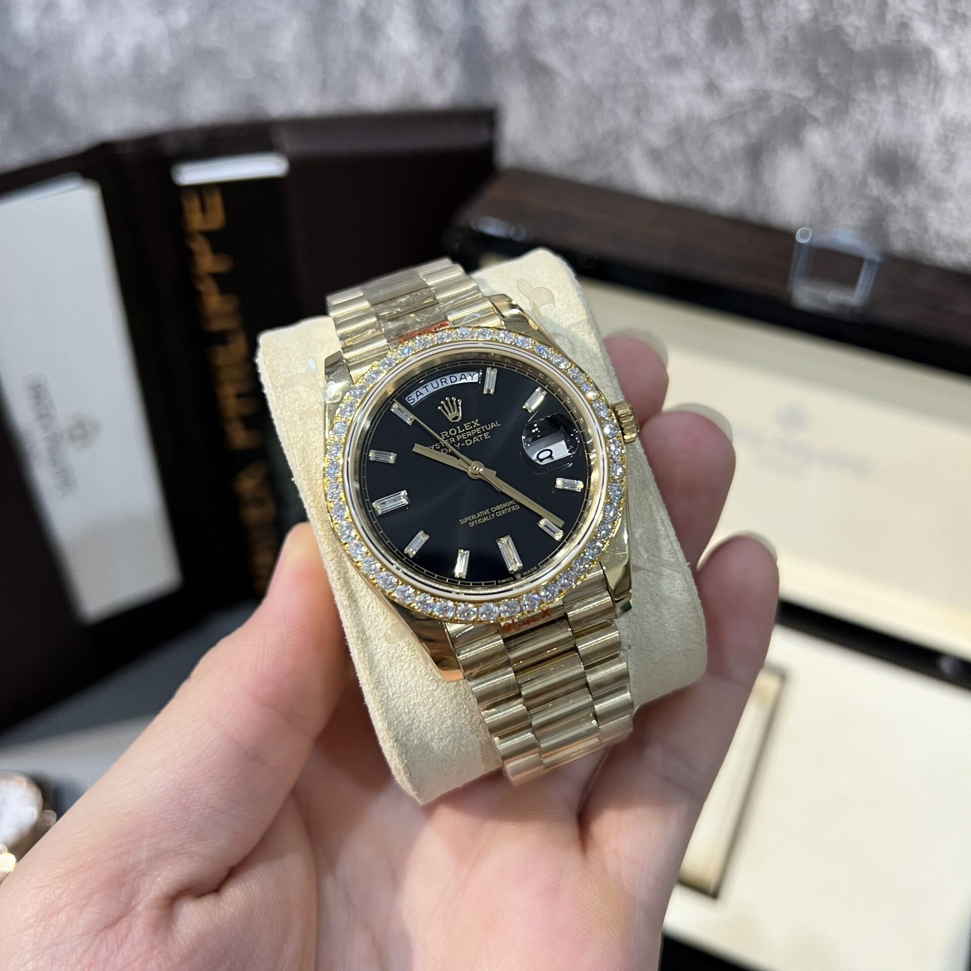 Rolex Day-Date 228238 Replica Watch Black Dial Refined Moissanite Diamond 40mm - Elite Watch Atelier