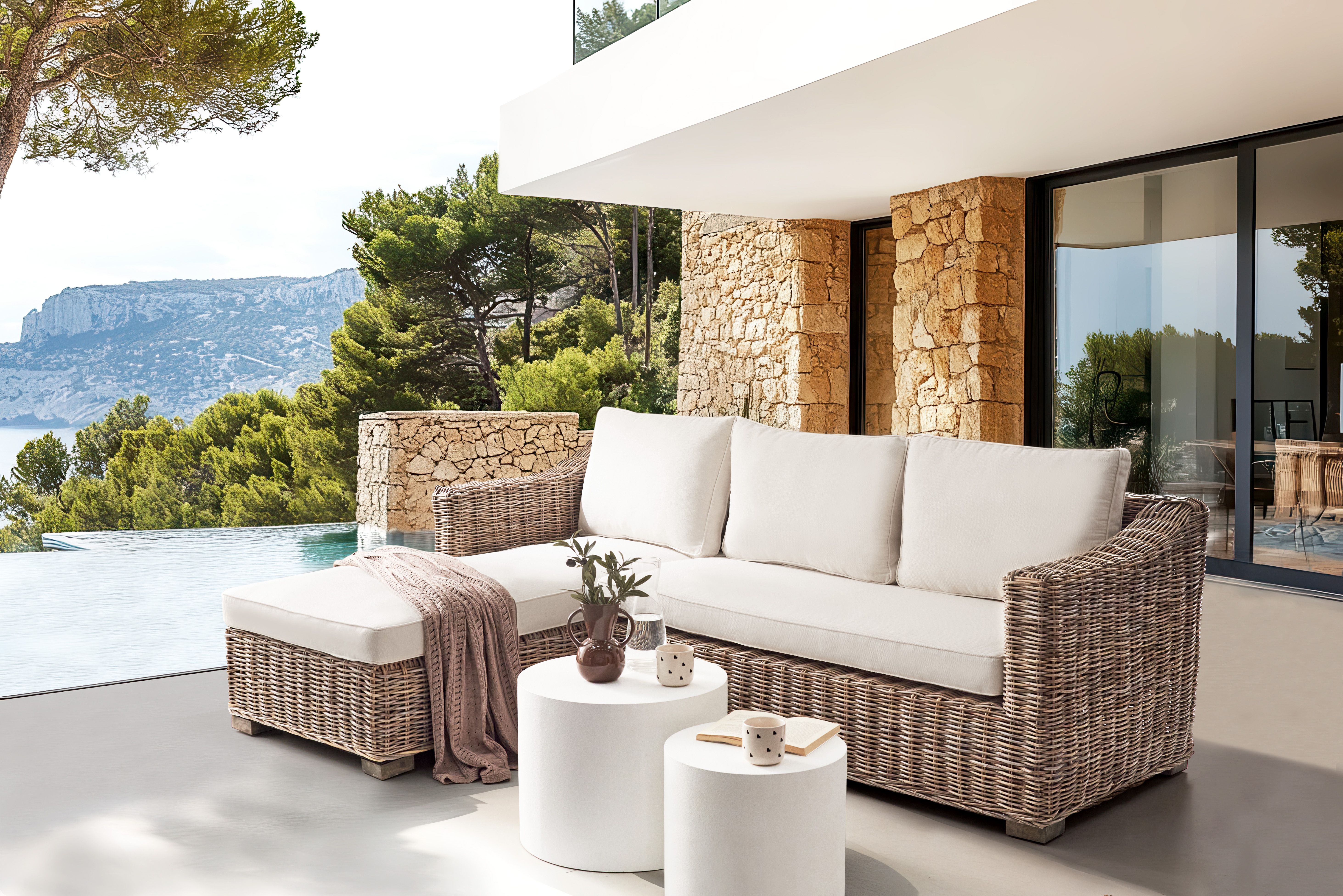 Garden Corner Sofa 3 Seater VALLETRI Right Hand Rattan Grey