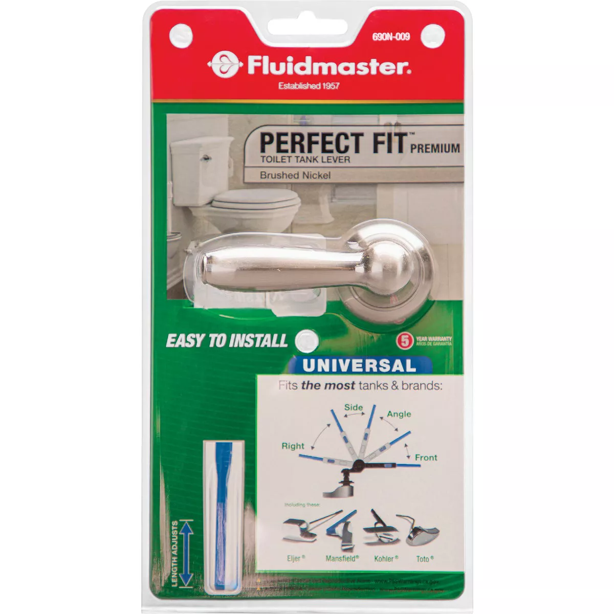 Fluidmaster Perfect Fit Premium Brushed Nickel Tank Lever with Plastic Telescoping Arm