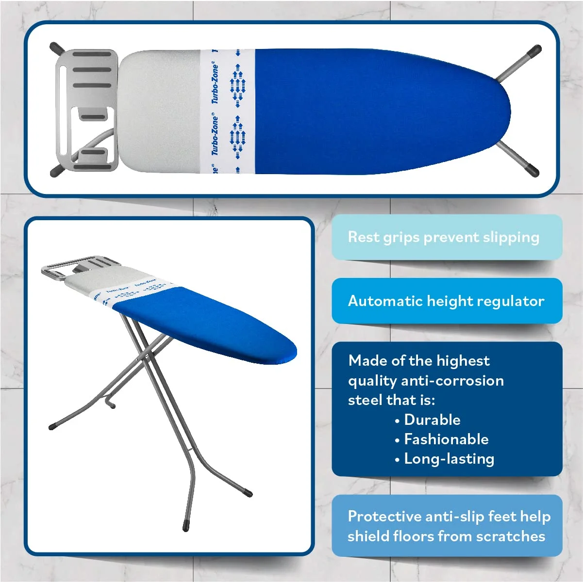 Bartnelli Heavy Duty European Made Ironing Board with Turbo & Park Zone & 4-Layer Cover Pad, Navy Blue 48x15" Iron Surface With Upgraded iron Rest - Image 2